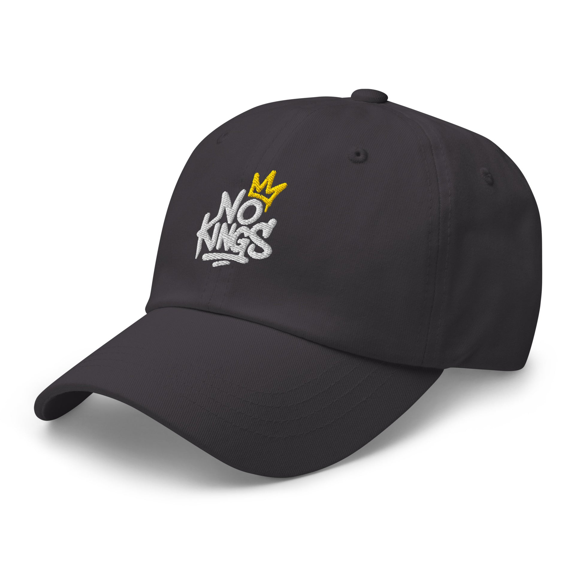 Side Front View Image: Black dad hat with graffiti-style "No Kings" and yellow crown