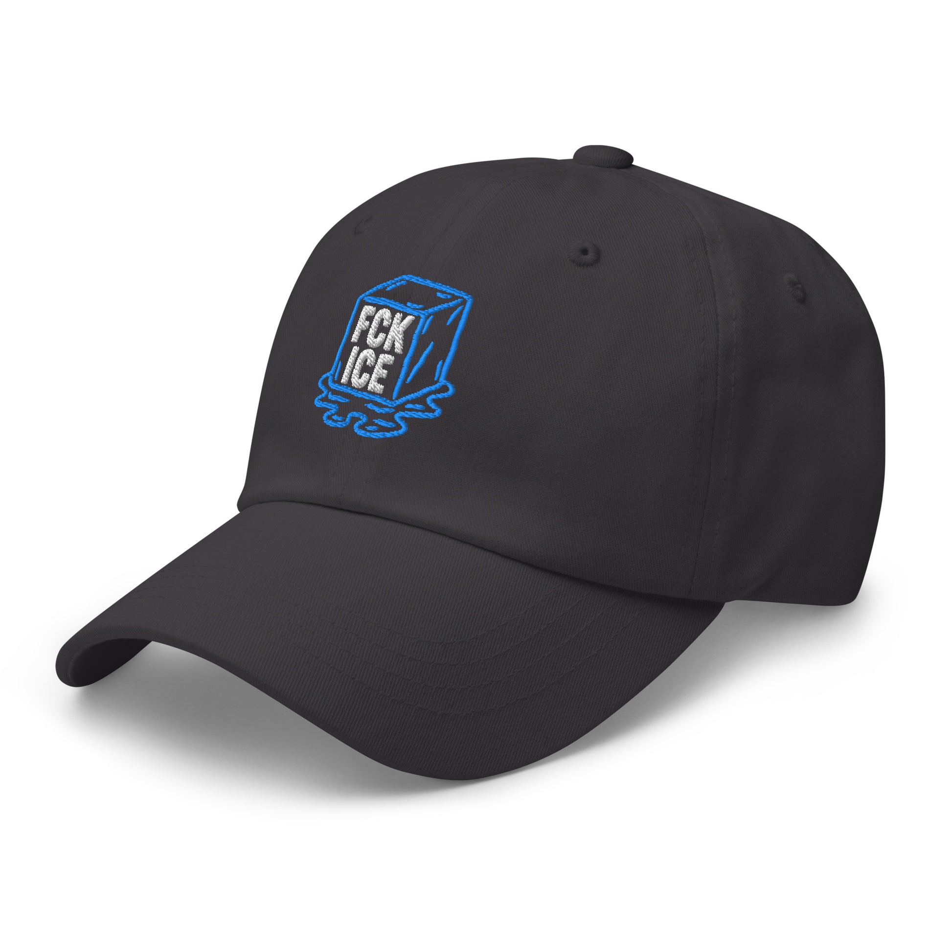 Side Front View Image: Embroidered dad hat featuring F*CK ICE melting cube graphic