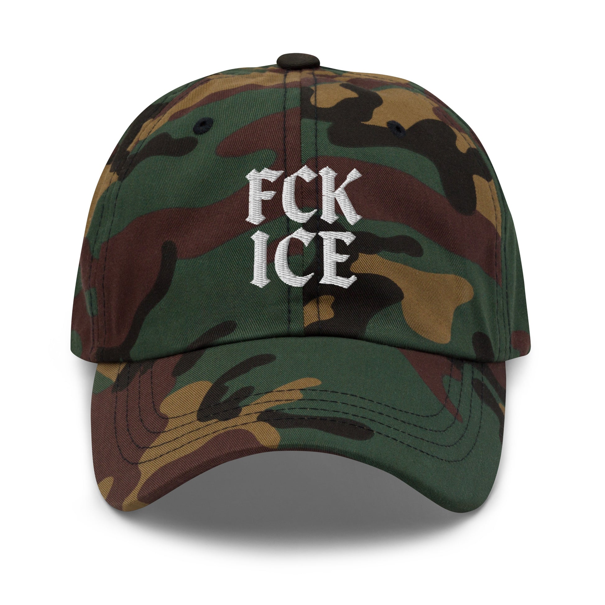 Front View Image: Embroidered dad hat with F*CK ICE gothic text
