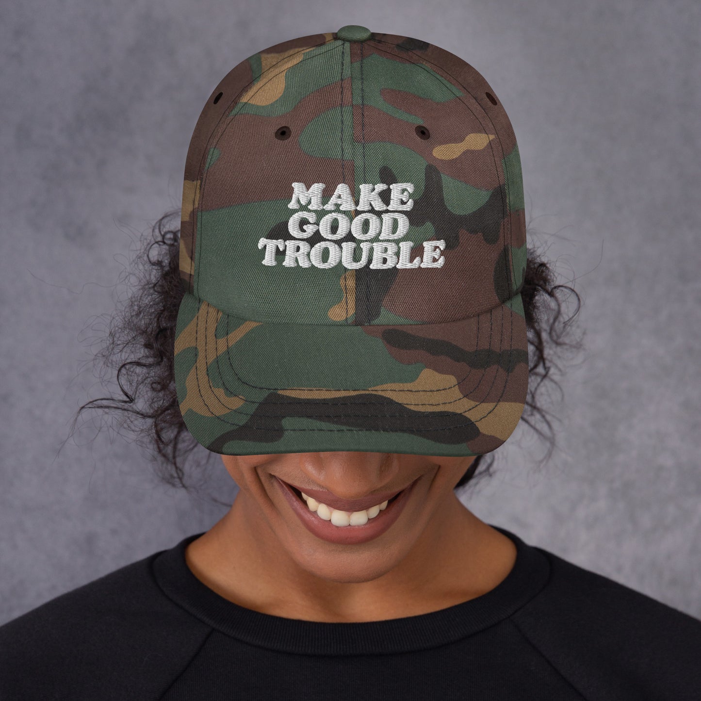 Female Model wearing the John Lewis "Make Good Trouble" Quote Social Justice Dad Hat
