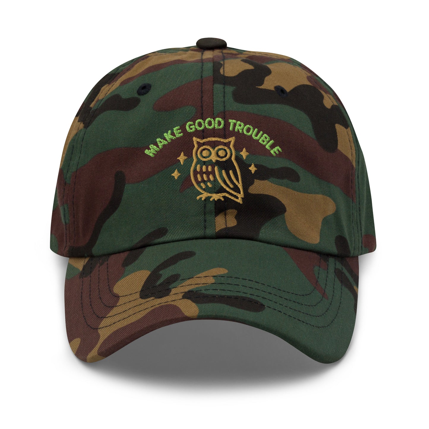 Front View Image: Front view of embroidered dad hat with “Make Good Trouble” text and golden owl - Green Camo