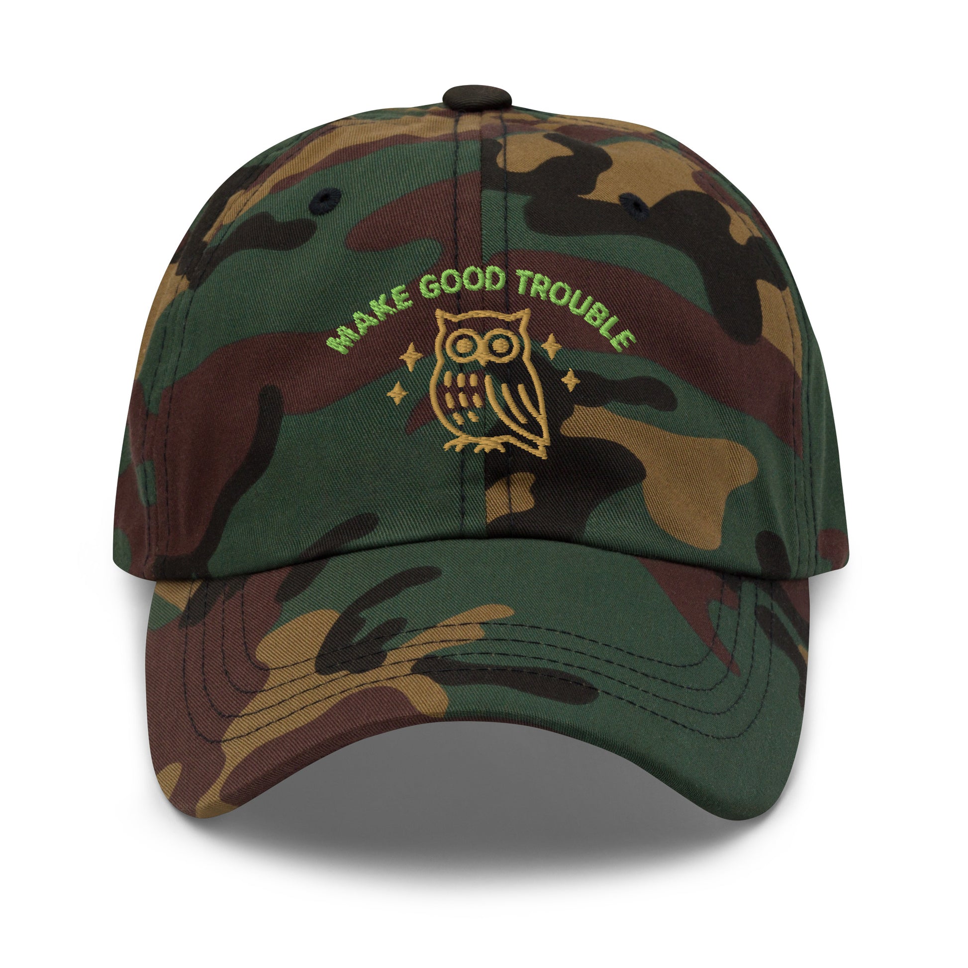 Front View Image: Front view of embroidered dad hat with “Make Good Trouble” text and golden owl - Green Camo