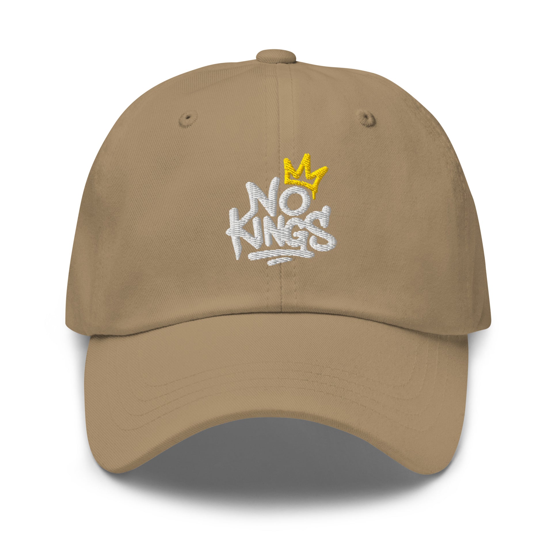 Front View Image: Black dad hat with graffiti-style "No Kings" and yellow crown
