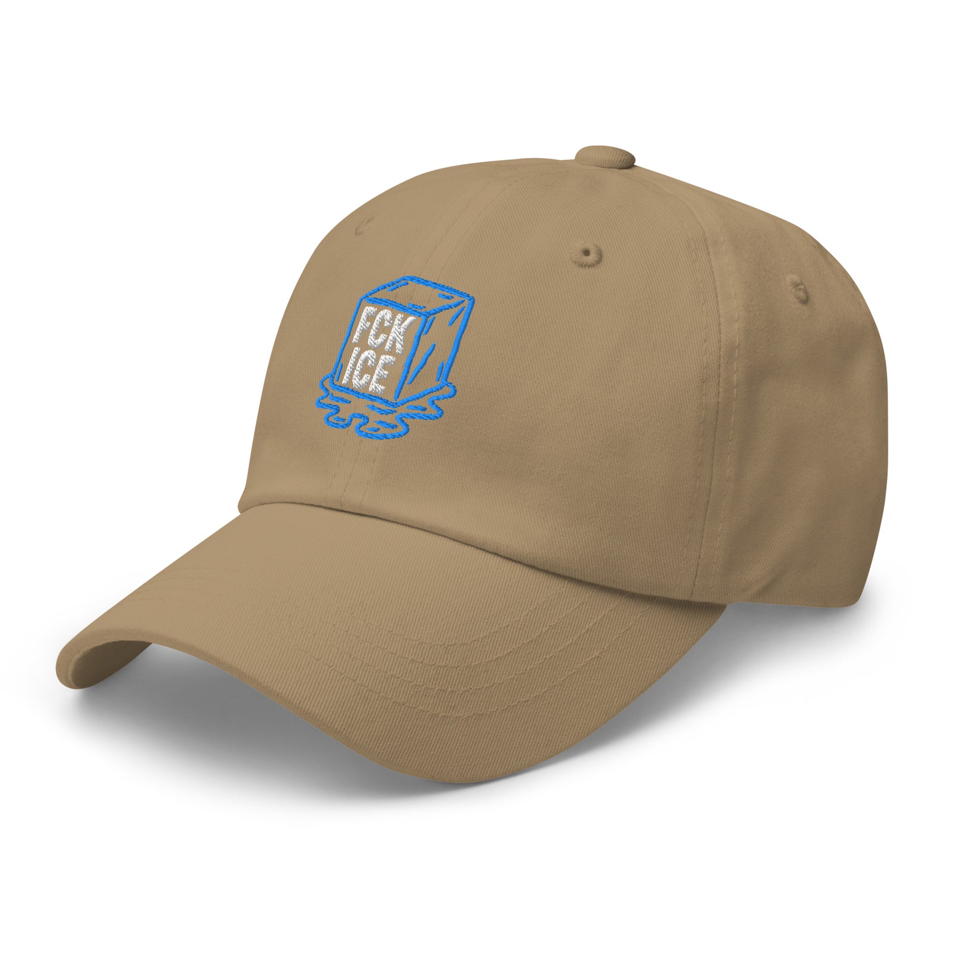 Side Front View Image: Embroidered dad hat featuring F*CK ICE melting cube graphic