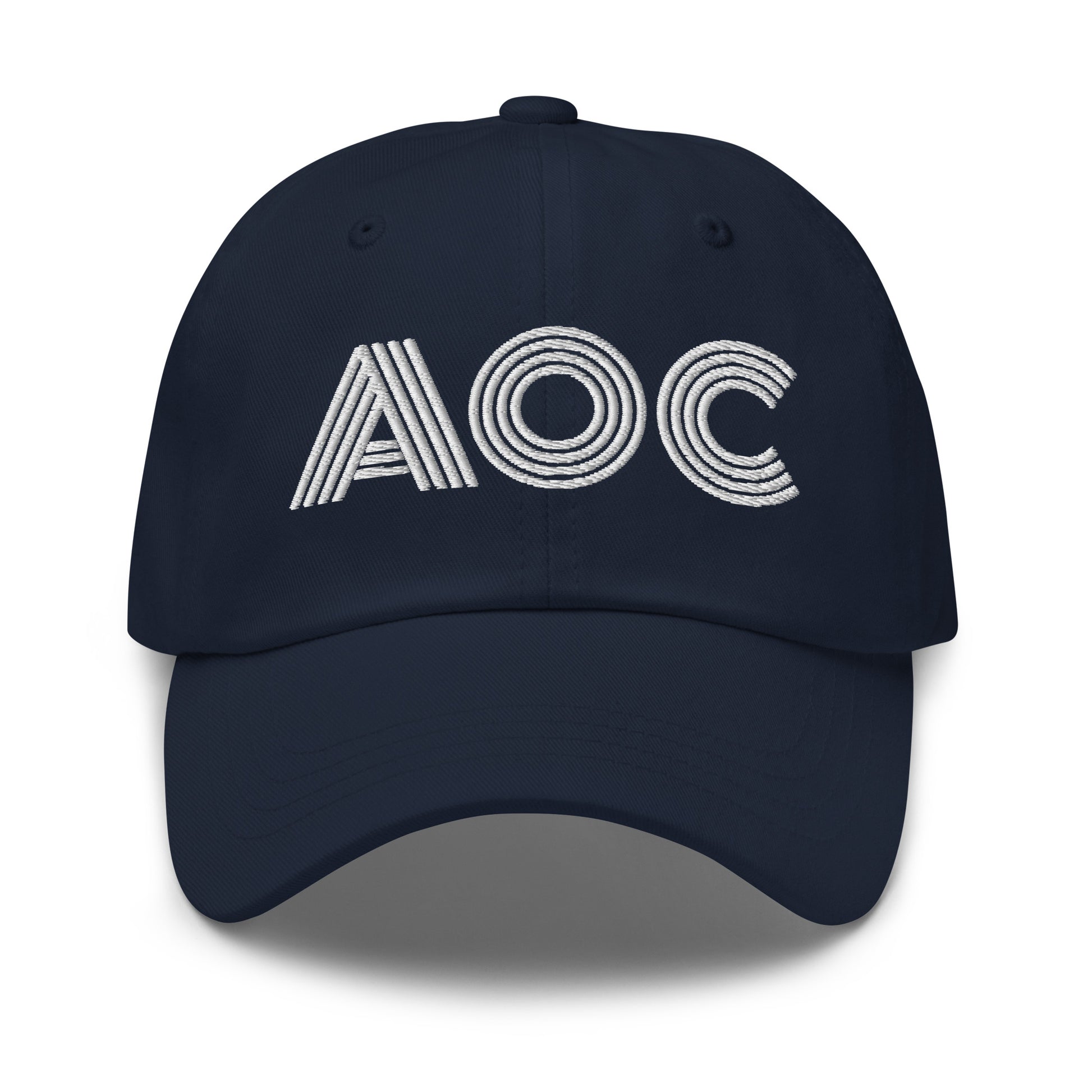 Product Front View Image: Black dad hat with white embroidered retro “AOC” design