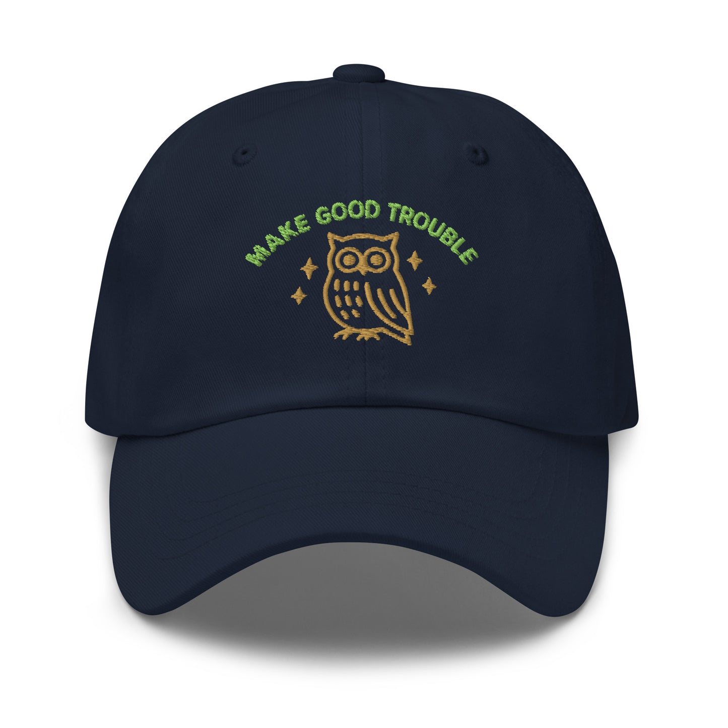 Front View Image: Front view of embroidered dad hat with “Make Good Trouble” text and golden owl - Navy