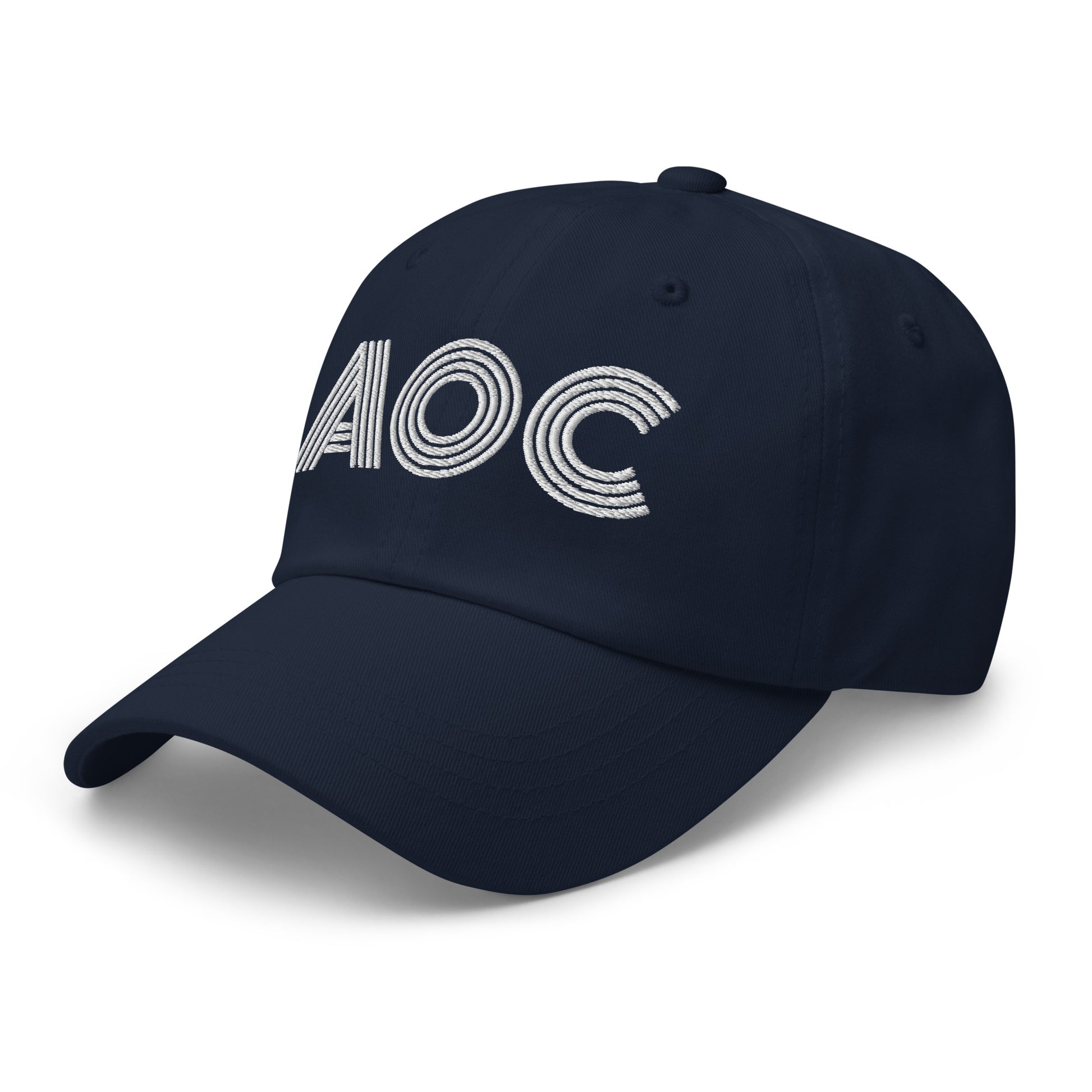Side Front View Image: Black dad hat with white embroidered retro “AOC” design