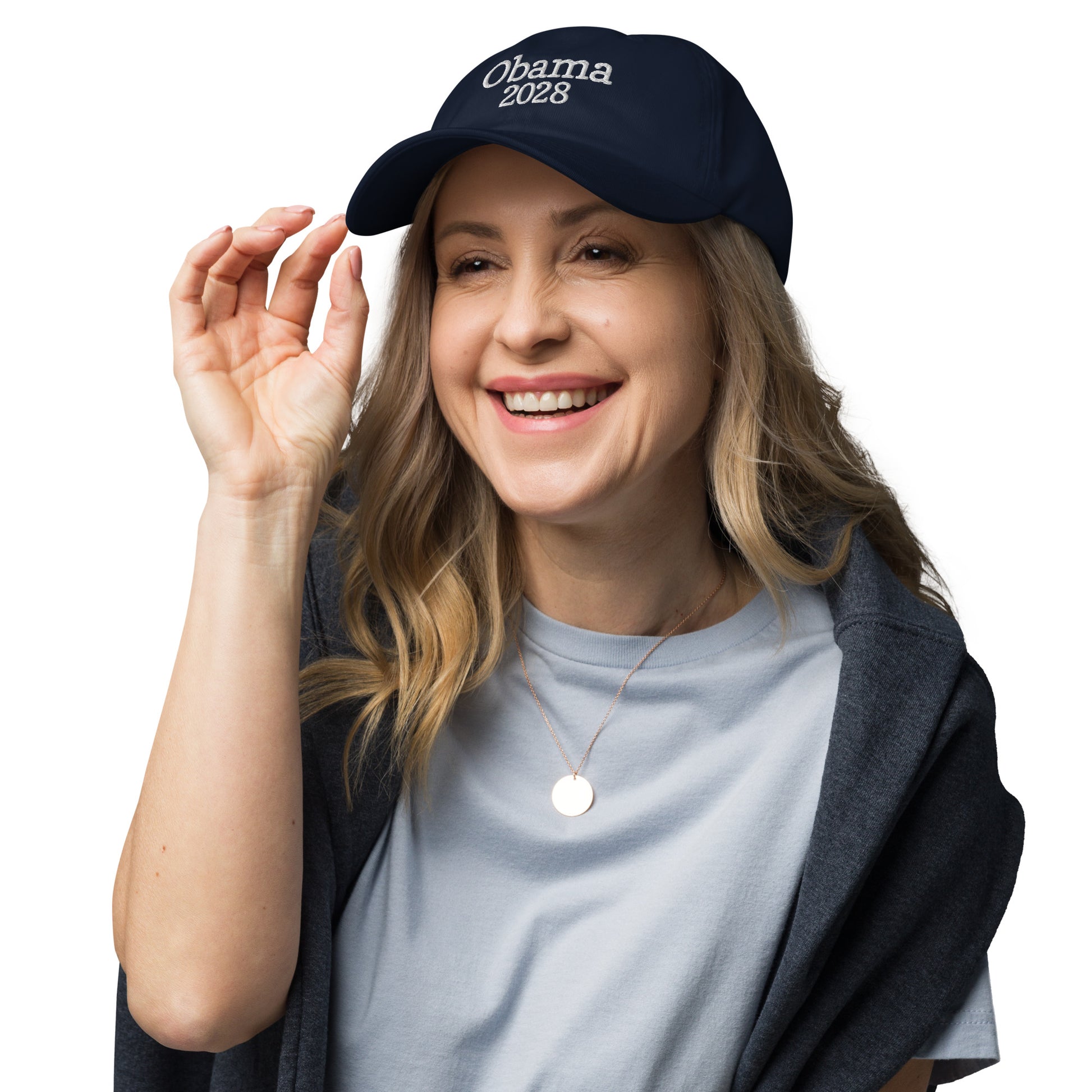 Lifestyle Image: Woman Wearing Obama 2028 Hat