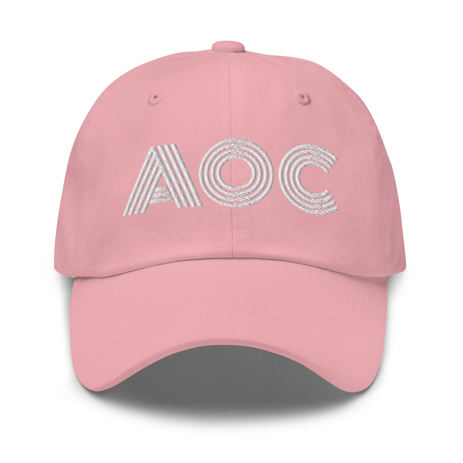 Front View Image: Black dad hat with white embroidered retro “AOC” design
