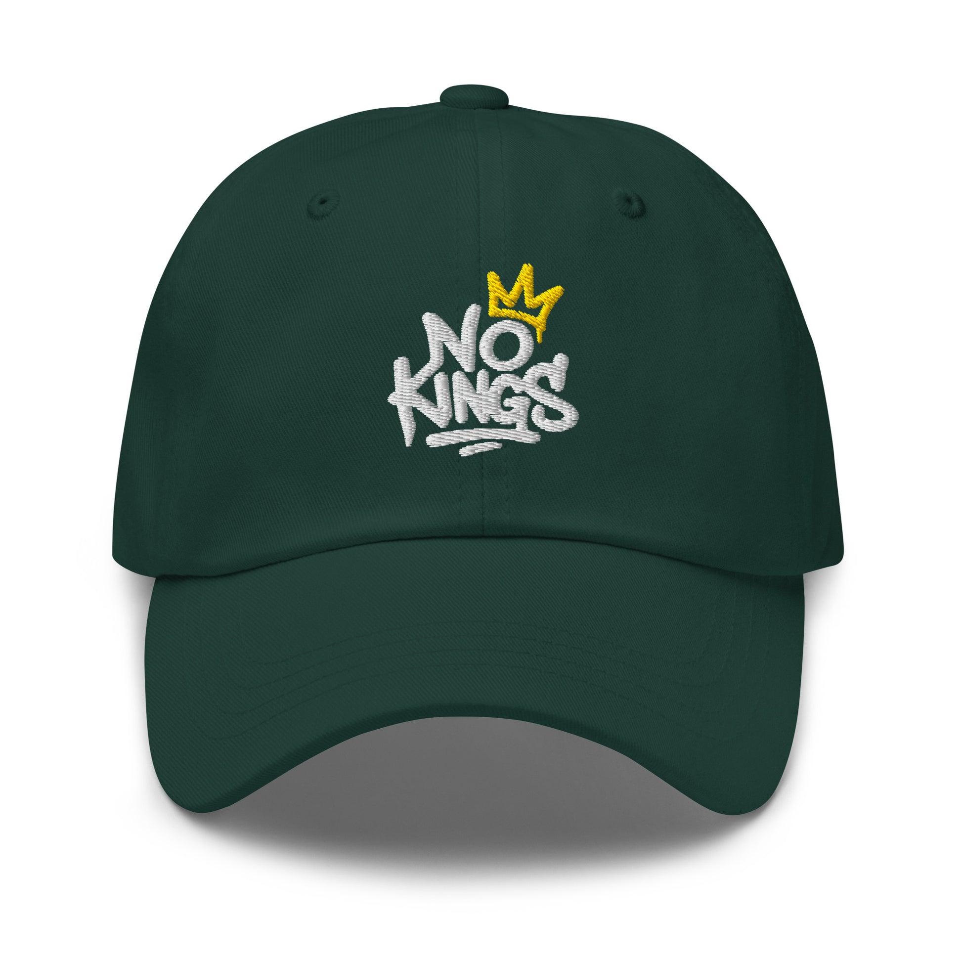 Front View Image: Black dad hat with graffiti-style "No Kings" and yellow crown