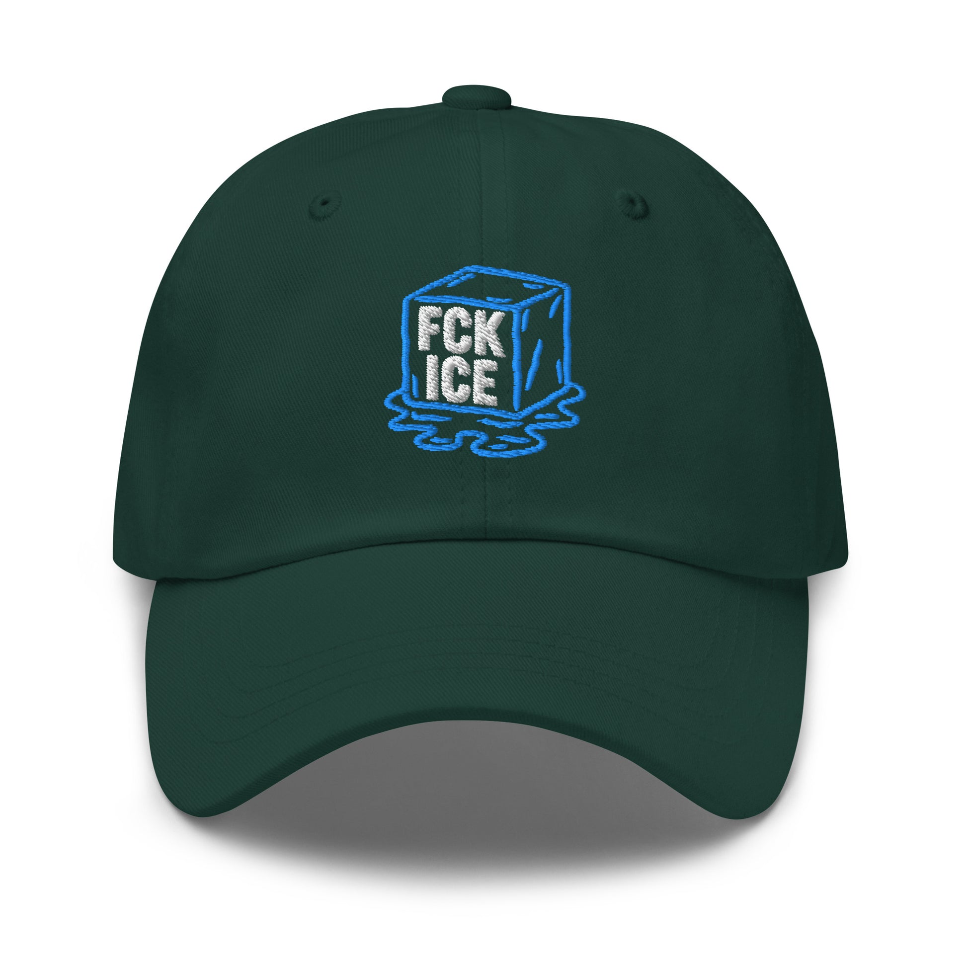 Front View Image: Embroidered dad hat featuring F*CK ICE melting cube graphic