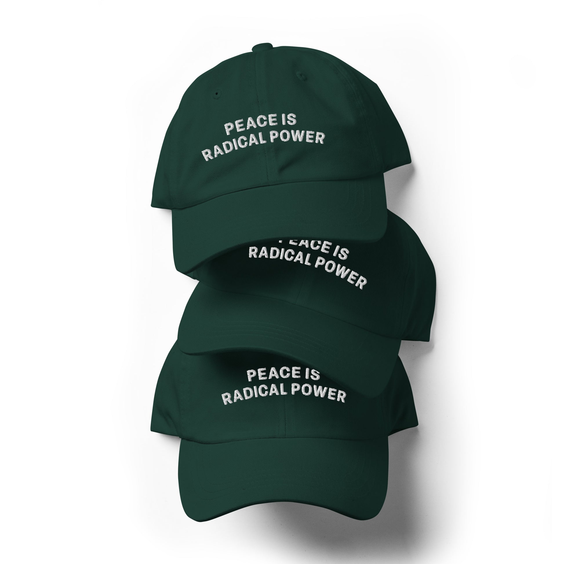 Detail view of the "Peace Is Radical Power" Anti-War Dad Hat