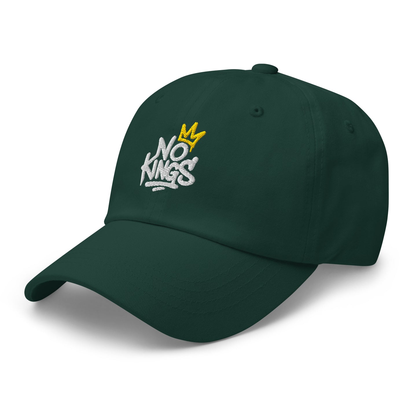 Side Front View Image: Black dad hat with graffiti-style "No Kings" and yellow crown
