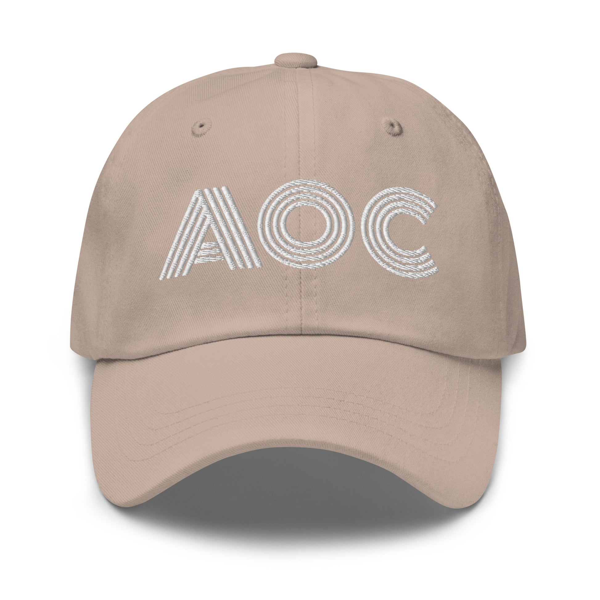 Front View Image: Black dad hat with white embroidered retro “AOC” design