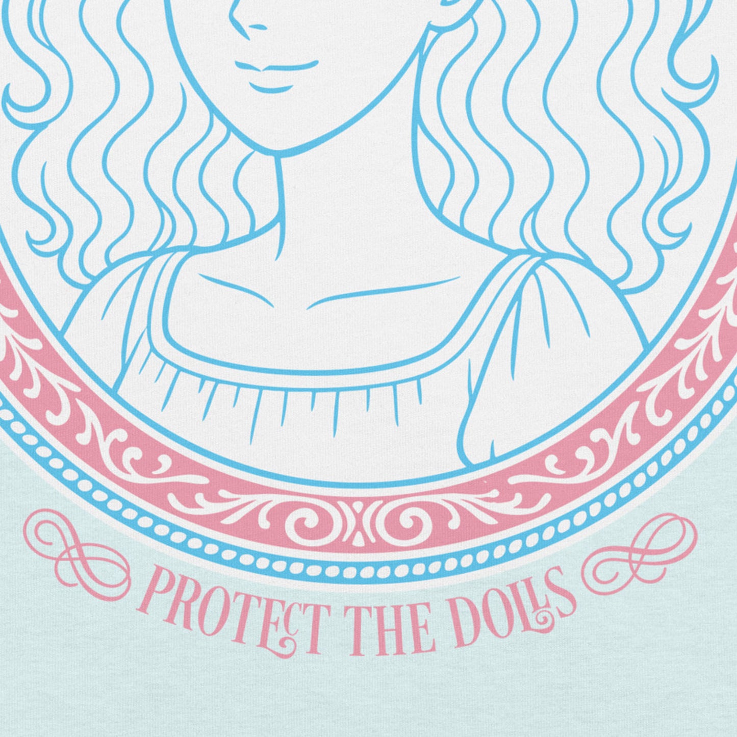 Macro shot of the “Protect the Dolls” graphic showing delicate line art and the words “Protect the Dolls” in pink text beneath the portrait.