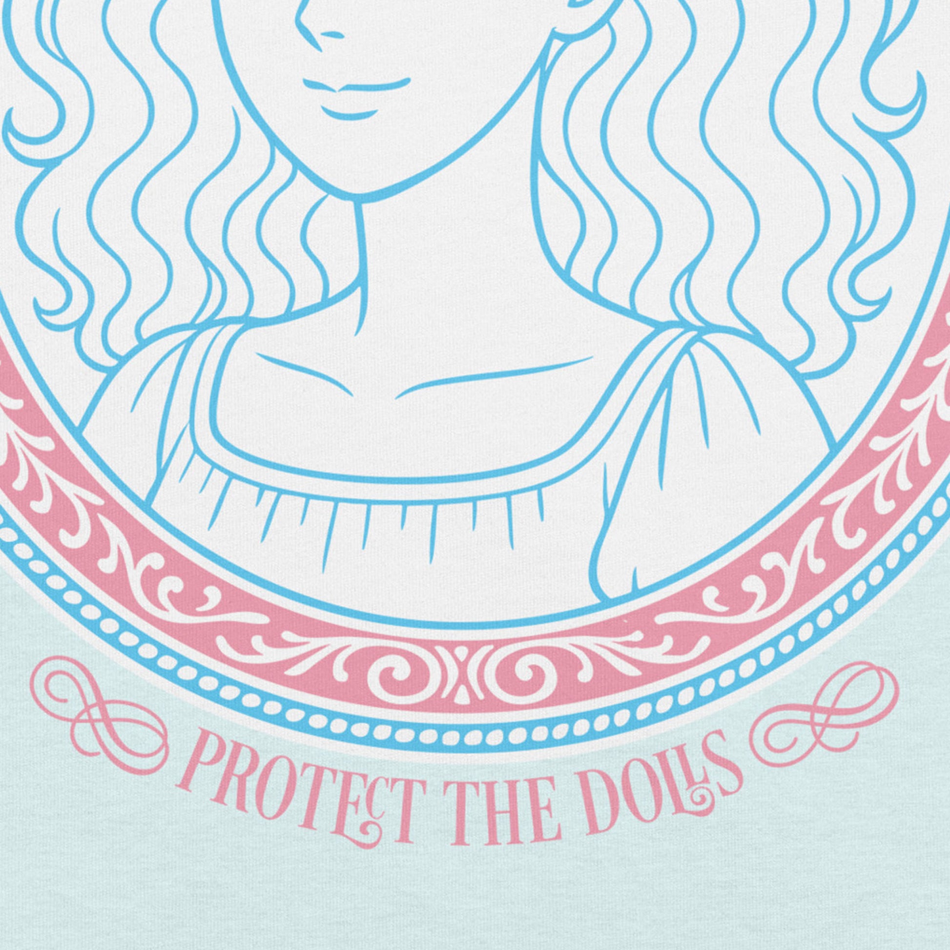 Macro shot of the “Protect the Dolls” graphic showing delicate line art and the words “Protect the Dolls” in pink text beneath the portrait.