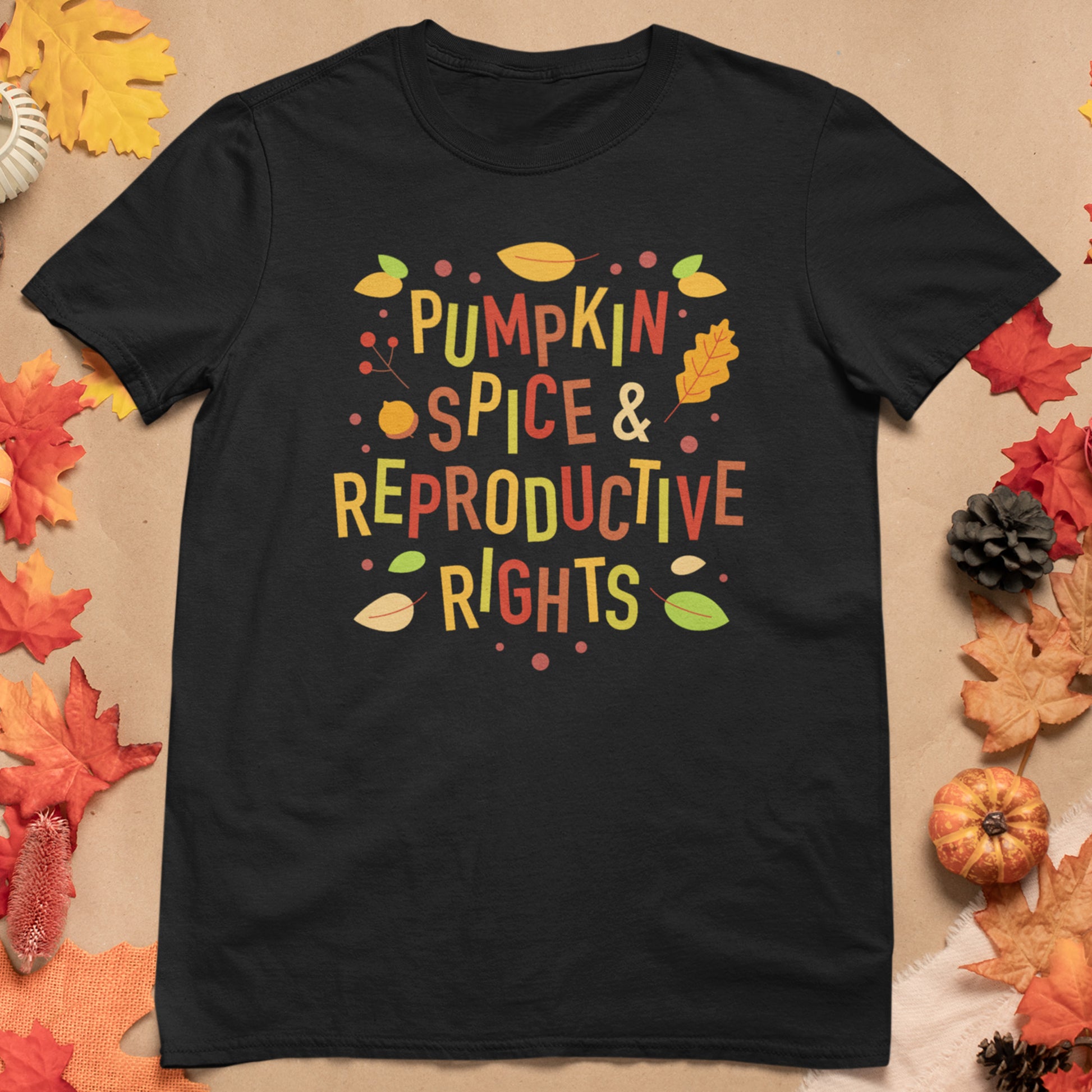 Black Black Pumpkin Spice and Reproductive Rights t-shirt with colorful text 'Pumpkin Spice & Reproductive Rights' on a beige background with autumn leaves and pumpkins.