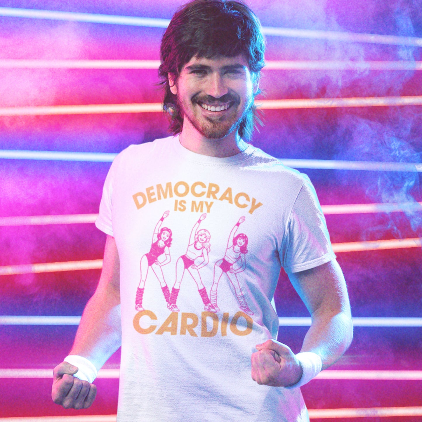 Blue Wave USA unisex T-shirt worn in neon retro setting, showcasing pink aerobics dancers and democracy fitness slogan with playful 80s workout energy.