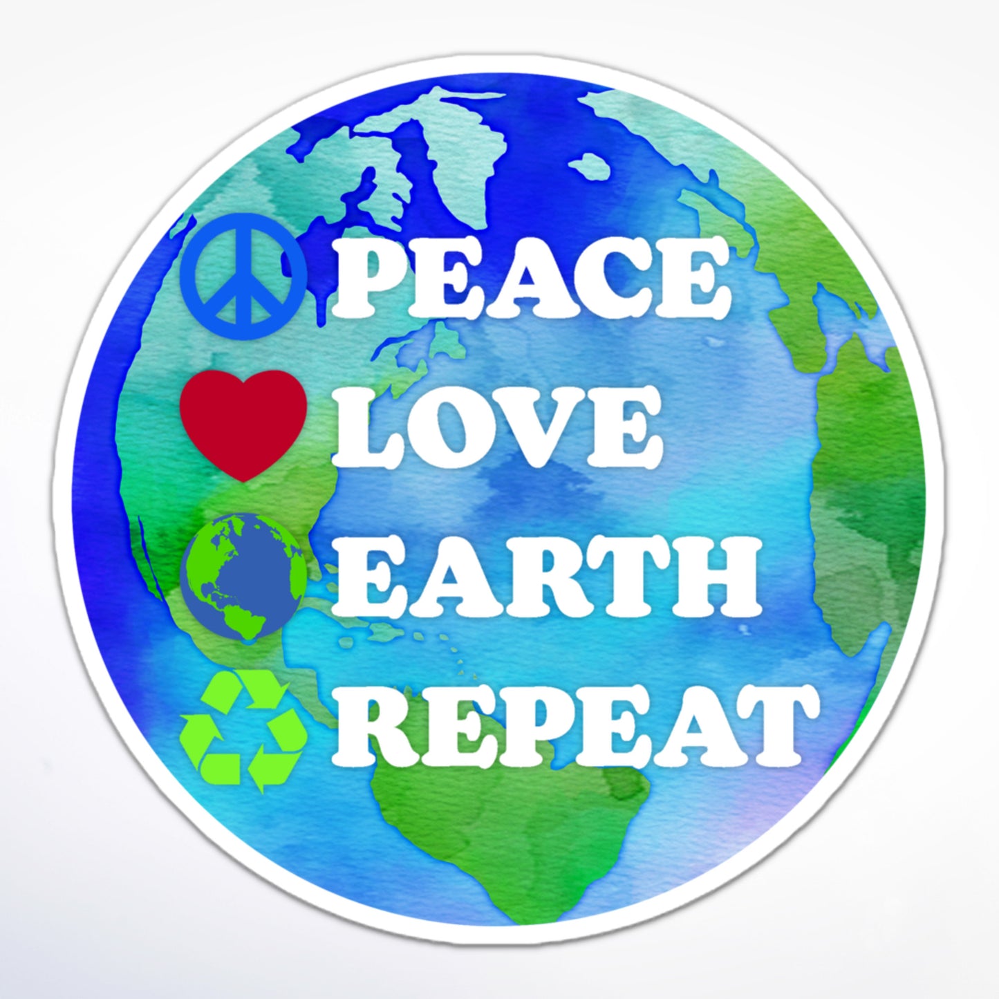 Environmental Earth Day sticker with watercolor earth, peace sign, heart, globe, and recycle symbols.