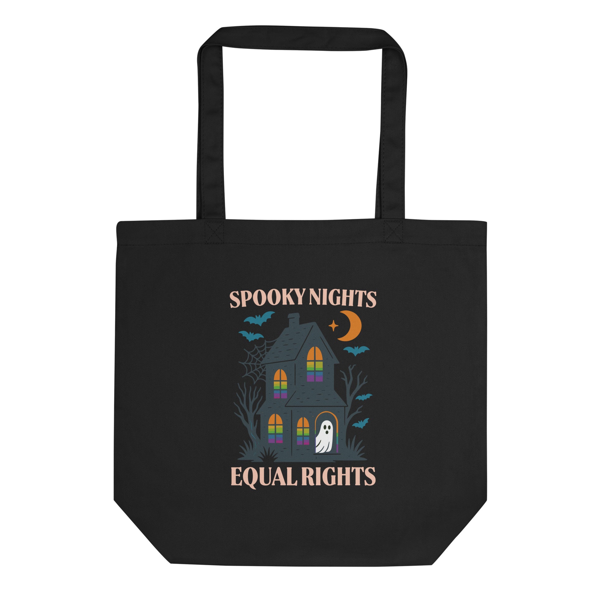 Black tote bag with “Spooky Nights, Equal Rights” haunted house and ghost design, Halloween activist bag for equality supporters.