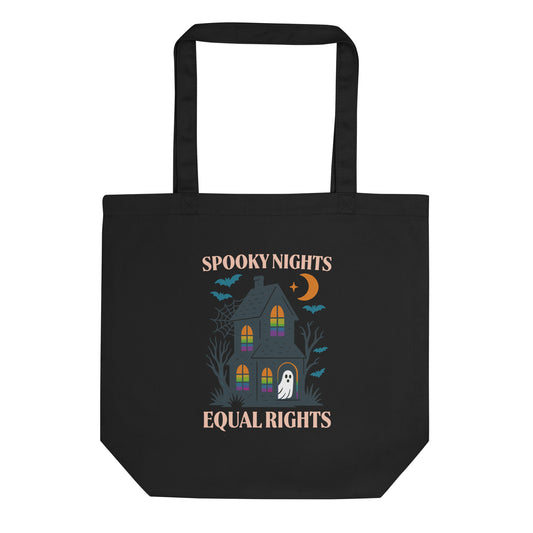 Black tote bag with “Spooky Nights, Equal Rights” haunted house and ghost design, Halloween activist bag for equality supporters.