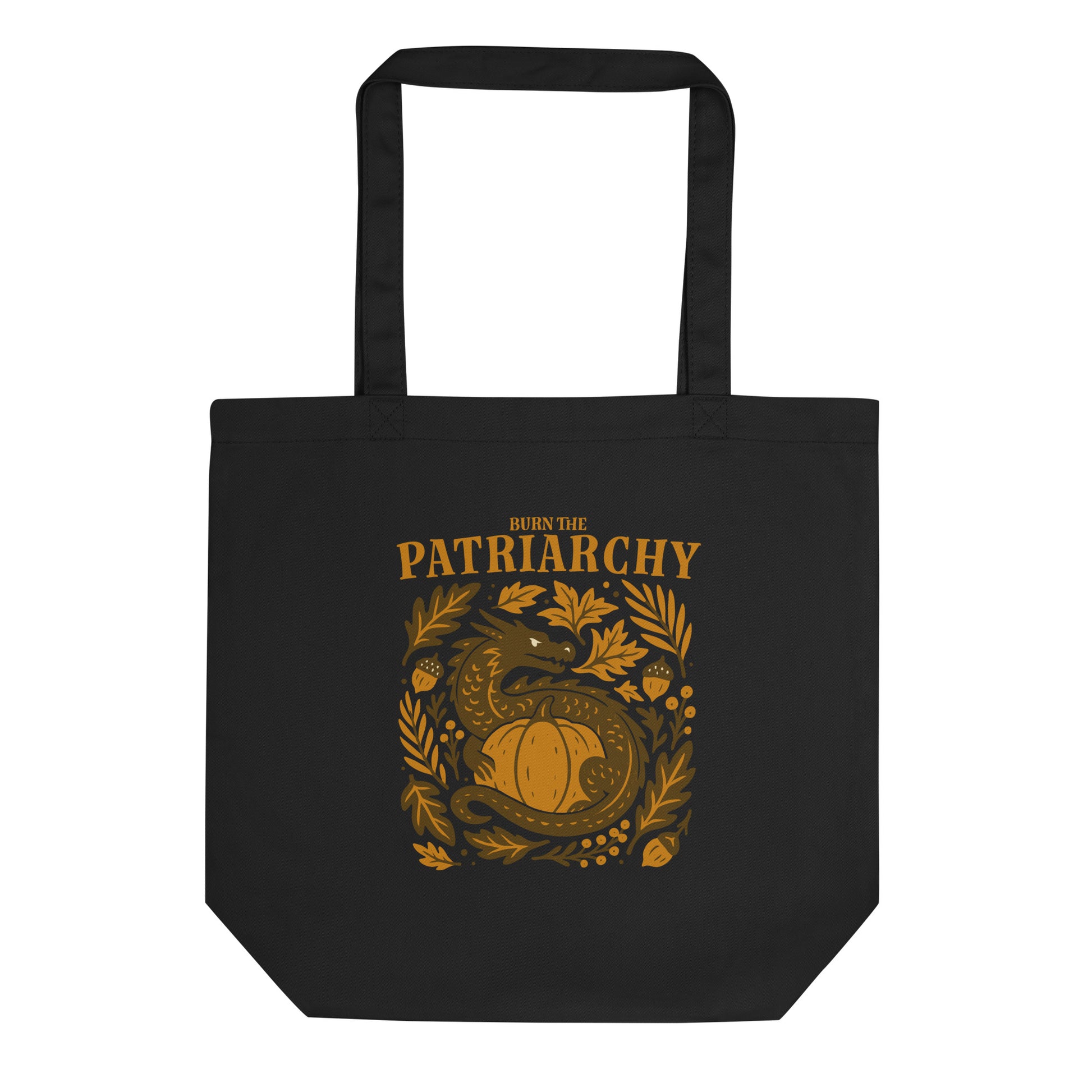 Black “Burn the Patriarchy” feminist dragon tote bag, Blue Wave USA eco activist carryall for everyday use and protest style.