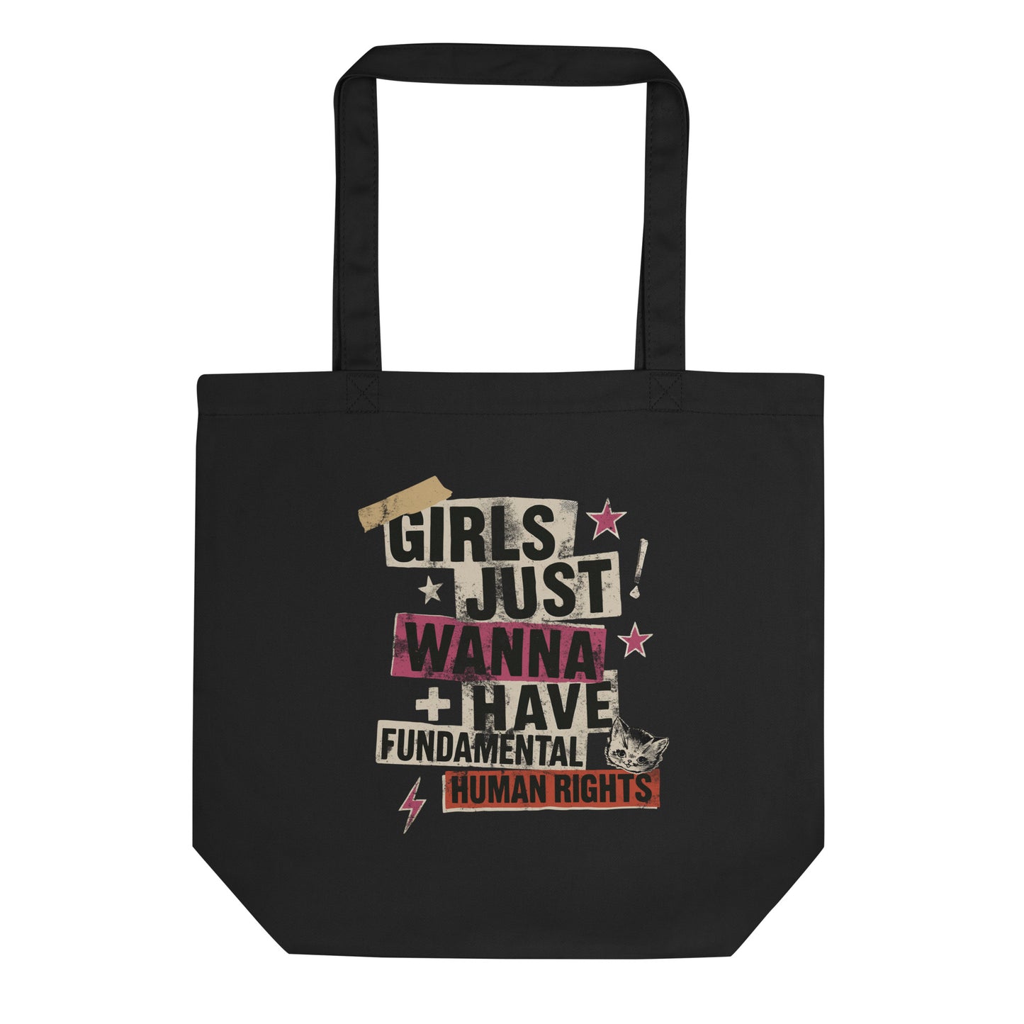 Black eco tote bag featuring punk collage-style text that reads “Girls Just Wanna Have Fundamental Human Rights.” Grunge-inspired feminist tote with lightning bolt and star accents.