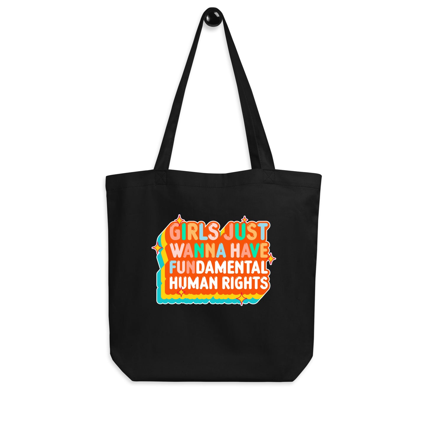 Black eco tote bag with the retro “Girls Just Wanna Have Fundamental Human Rights” design printed in warm orange and teal tones. Stylish, statement-making carryall.