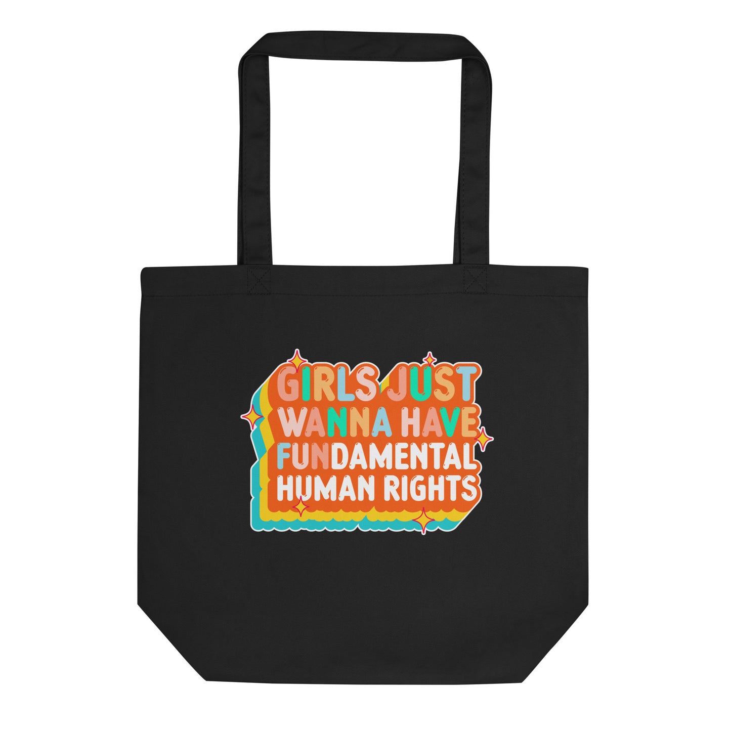 Model holding the black “Girls Just Wanna Have Fundamental Human Rights” eco tote bag over the shoulder. Everyday activist accessory by Blue Wave USA.