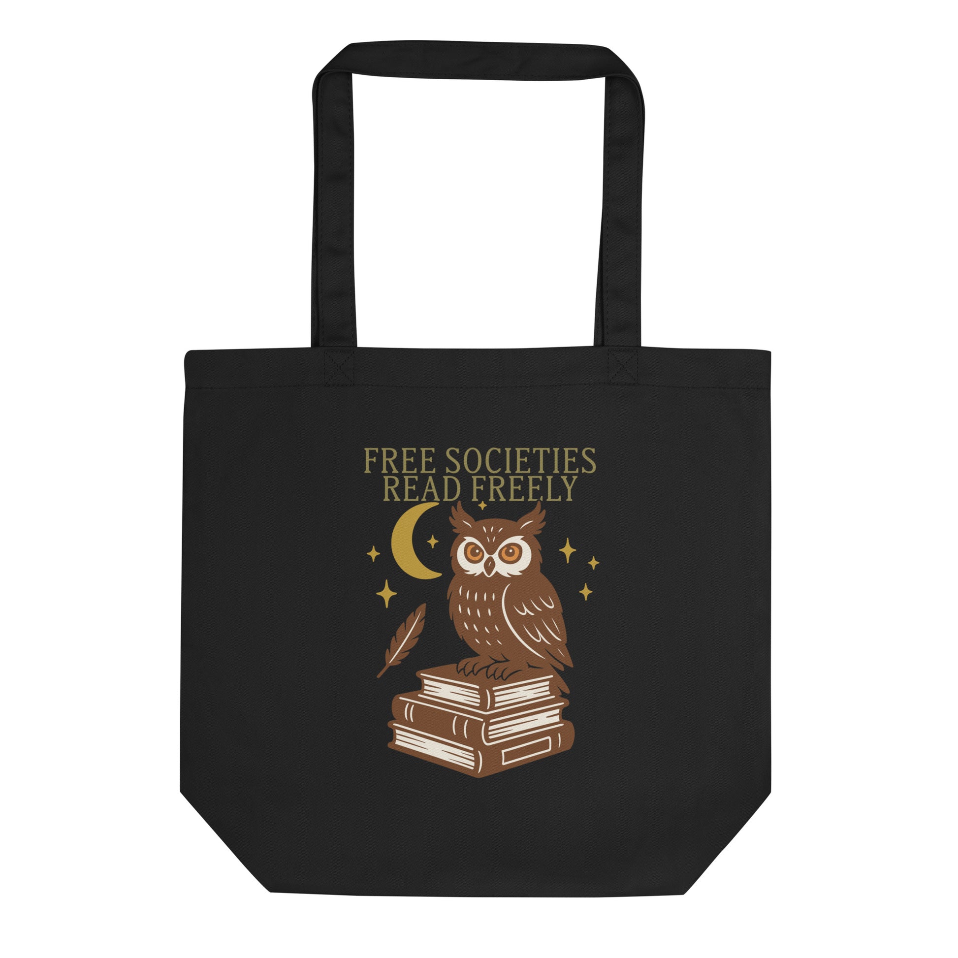 Black tote bag featuring a folk-art style owl perched on stacked books under a crescent moon with the text “Free Societies Read Freely.” Progressive book-ban awareness tote by Blue Wave USA.