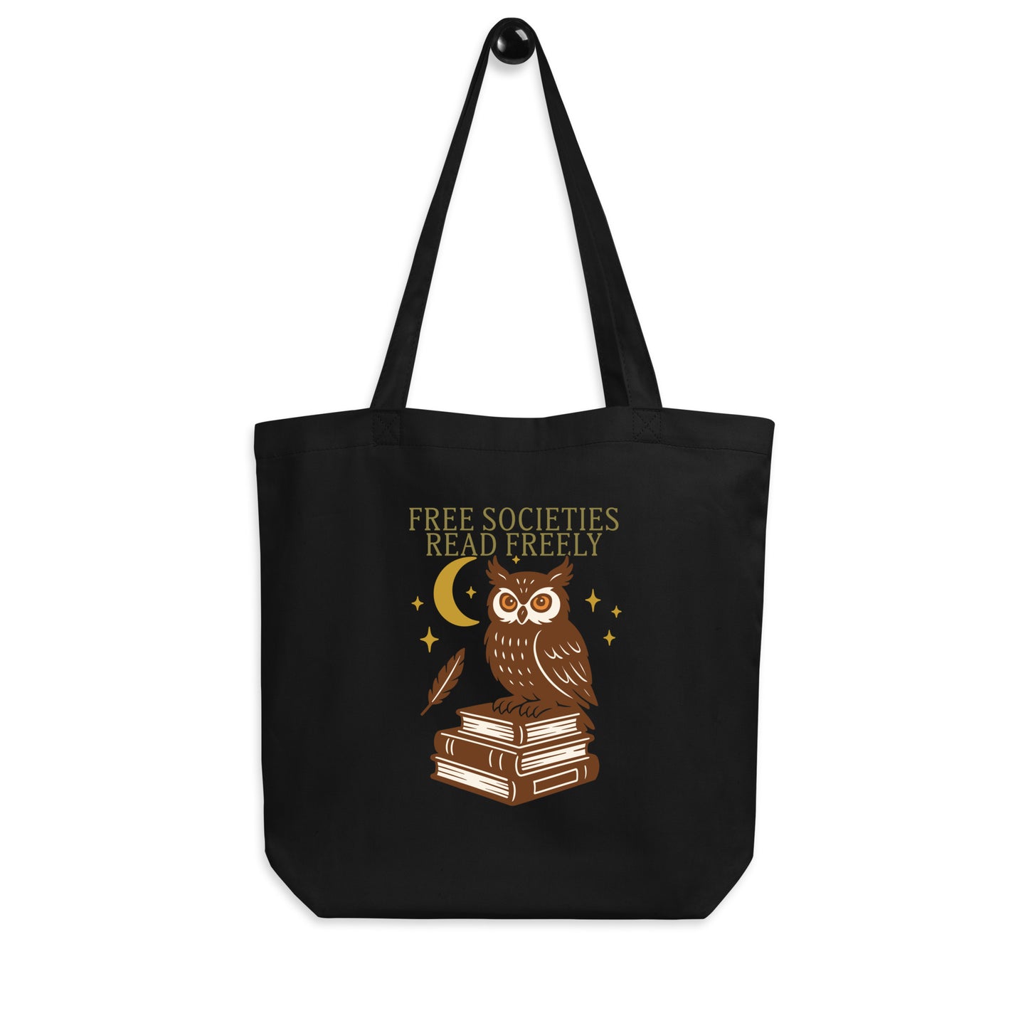 Black canvas tote with owl and books design promoting the message “Free Societies Read Freely.” Educational freedom and book-ban resistance tote.
