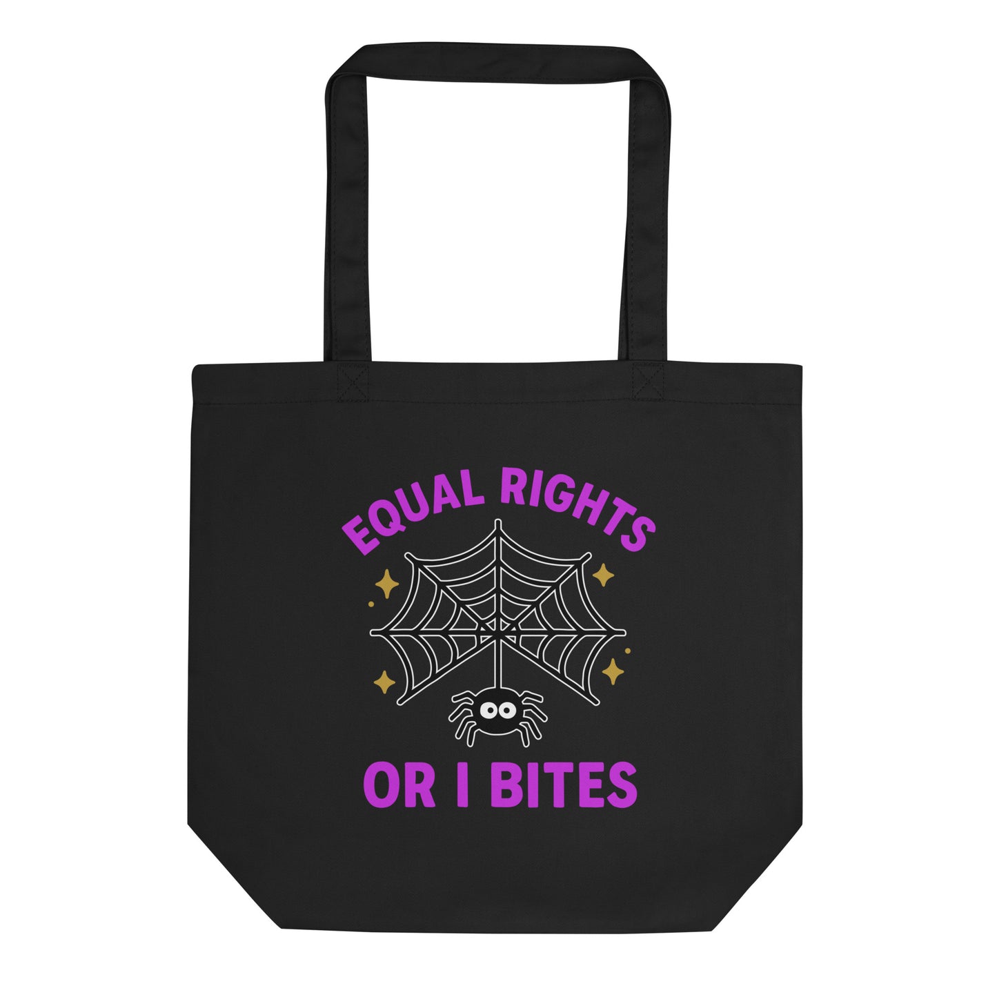 Black Halloween tote bag featuring a spider and web design with the text “Equal Rights or I Bites” in purple and white. Playful feminist eco tote by Blue Wave USA.