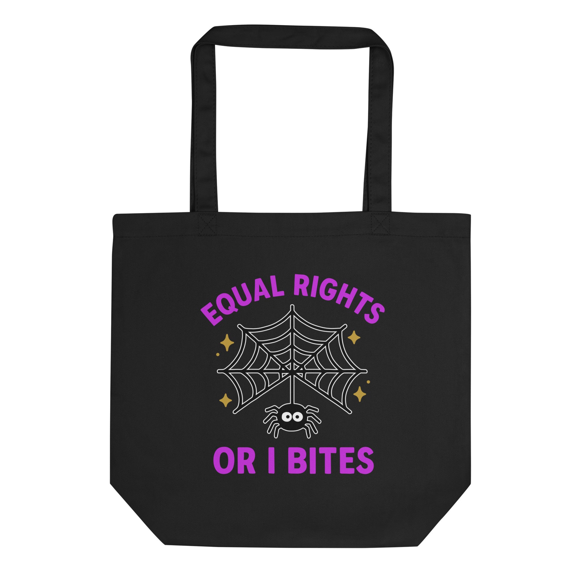 Black Halloween tote bag featuring a spider and web design with the text “Equal Rights or I Bites” in purple and white. Playful feminist eco tote by Blue Wave USA.