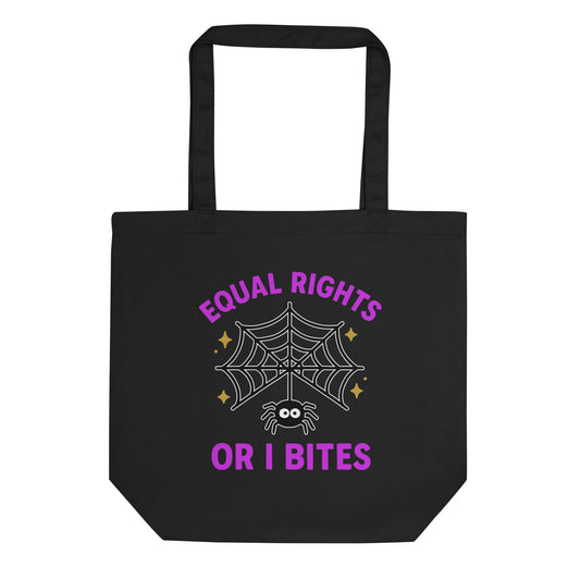 Black Halloween tote bag featuring a spider and web design with the text “Equal Rights or I Bites” in purple and white. Playful feminist eco tote by Blue Wave USA.