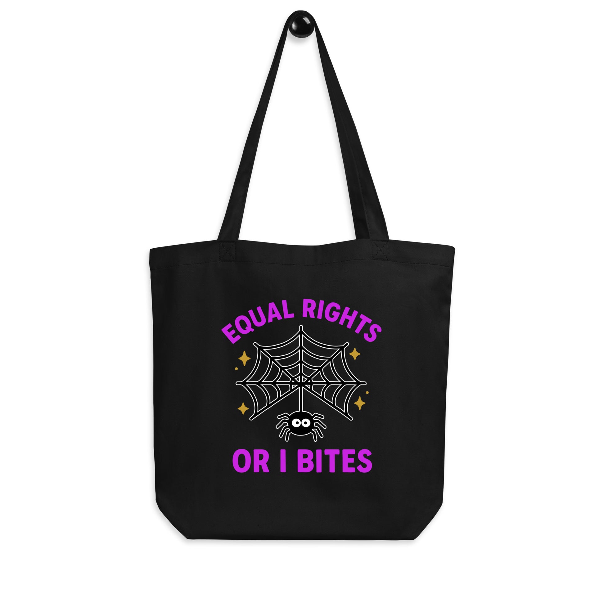 Black “Equal Rights or I Bites” tote bag with bold spider web and stars graphic. Progressive feminist Halloween tote bag for spooky season.