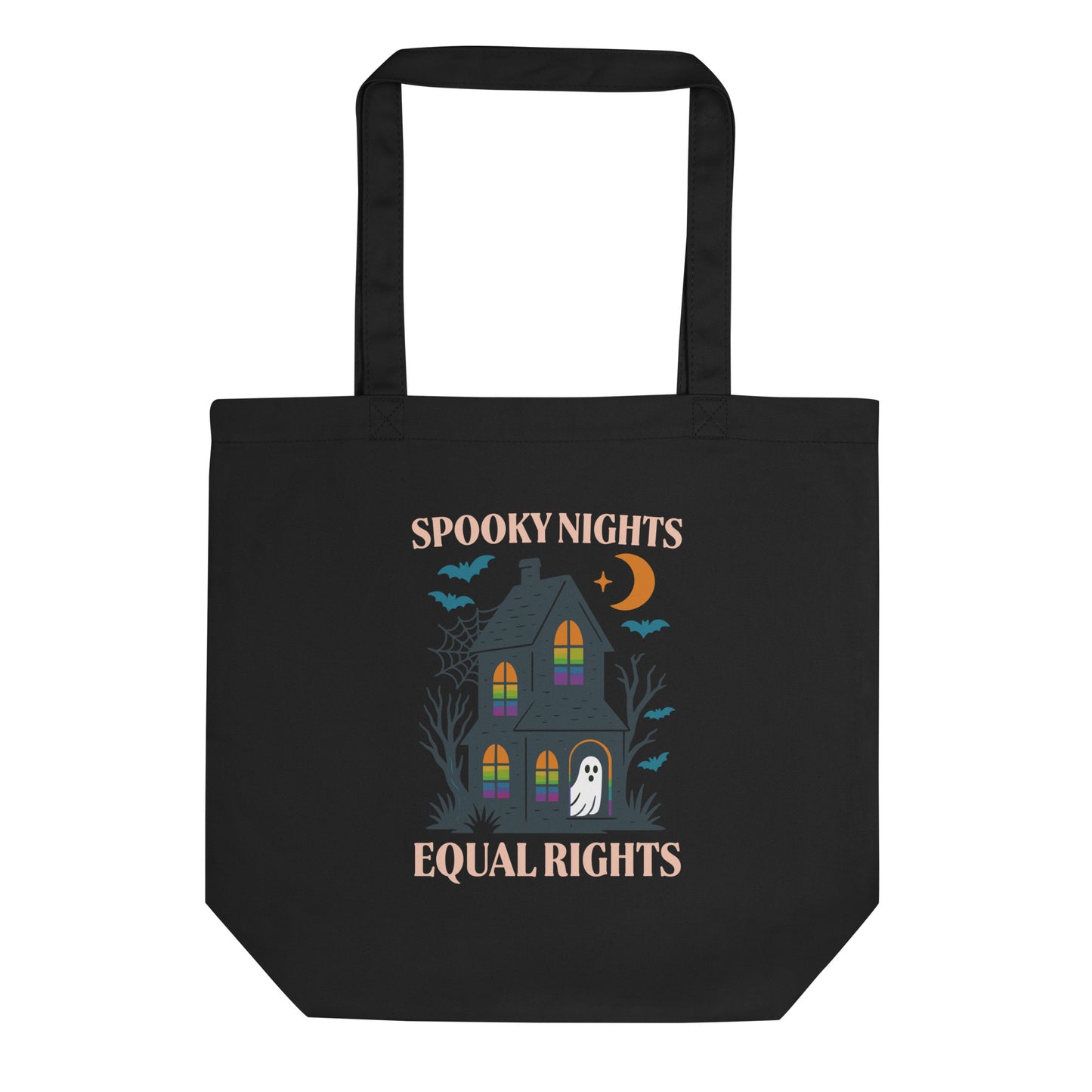 Black tote bag with a haunted house, ghost, bats, and crescent moon design featuring the phrase “Spooky Nights Equal Rights.” Progressive Halloween eco tote by Blue Wave USA.