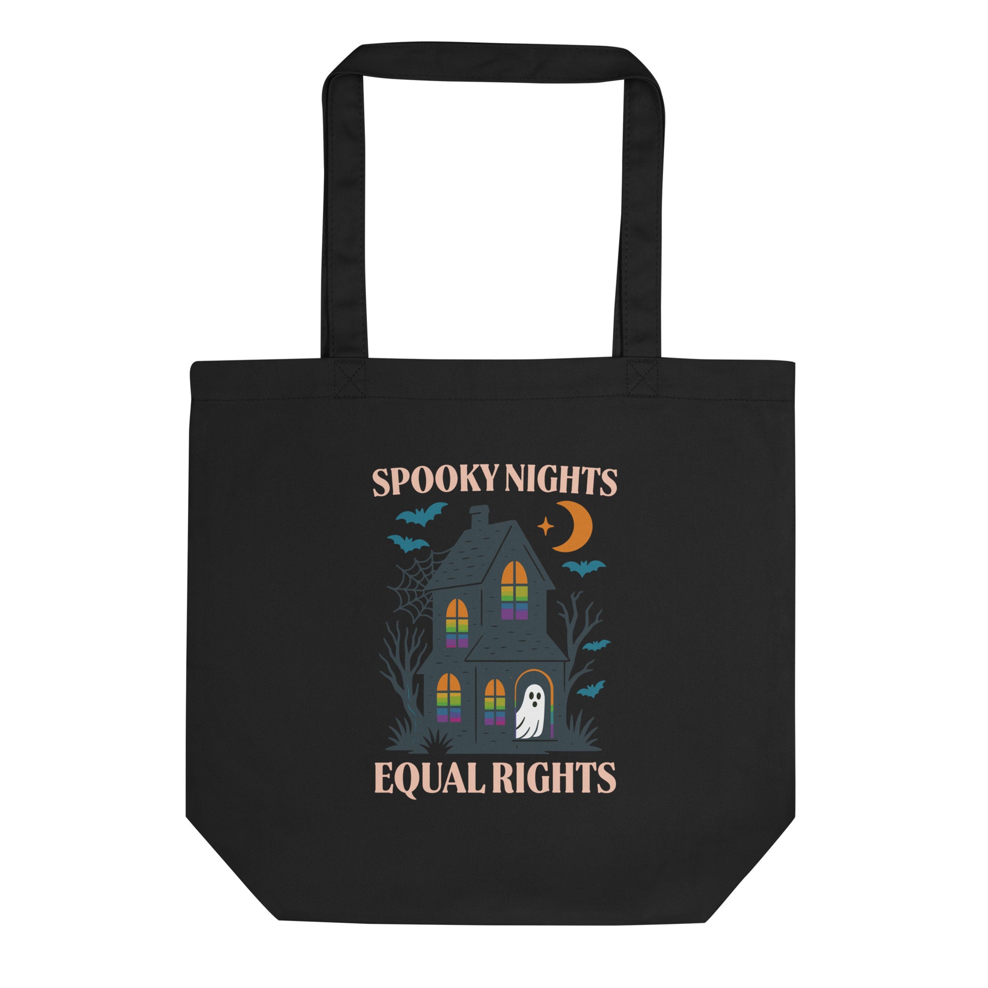 Black tote bag with a haunted house, ghost, bats, and crescent moon design featuring the phrase “Spooky Nights Equal Rights.” Progressive Halloween eco tote by Blue Wave USA.