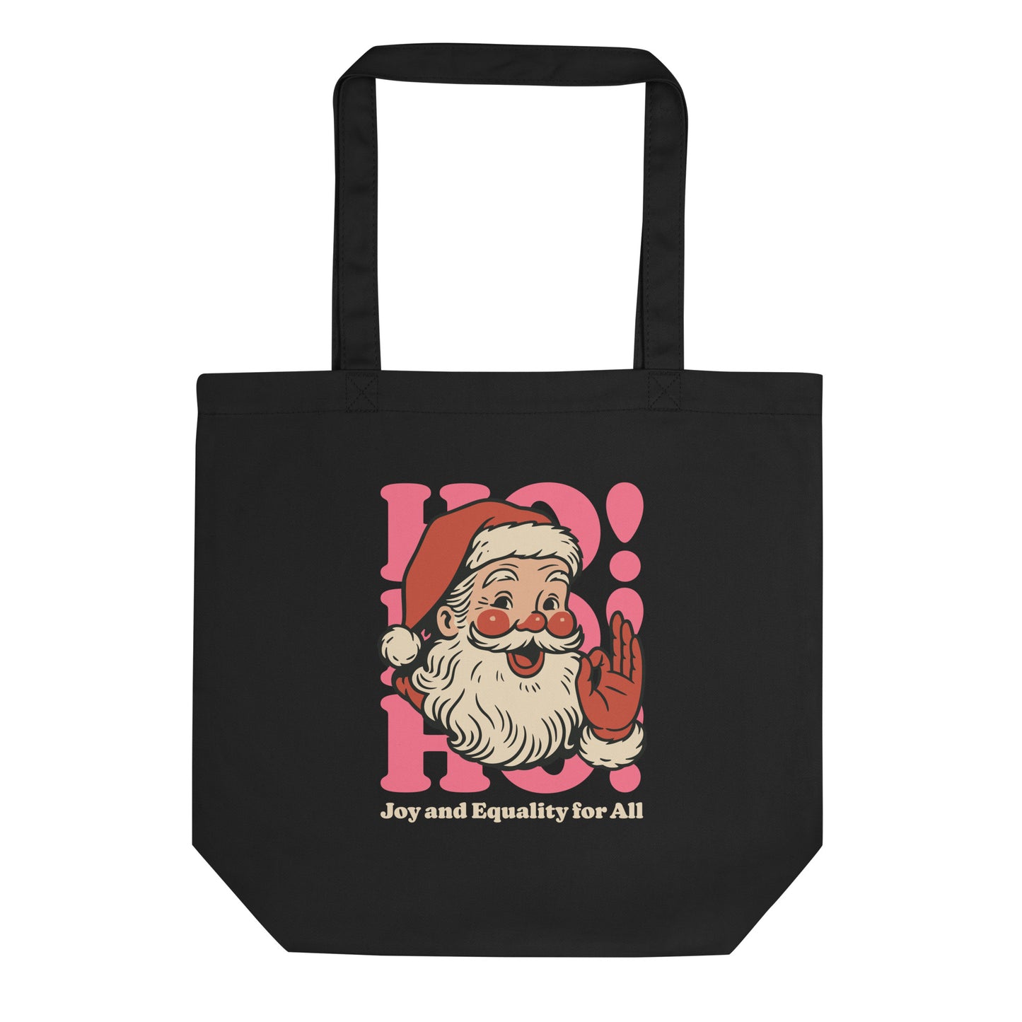 Black eco tote bag featuring a retro Santa illustration with pink shapes and the phrase “Joy and Equality for All,” printed on the front.