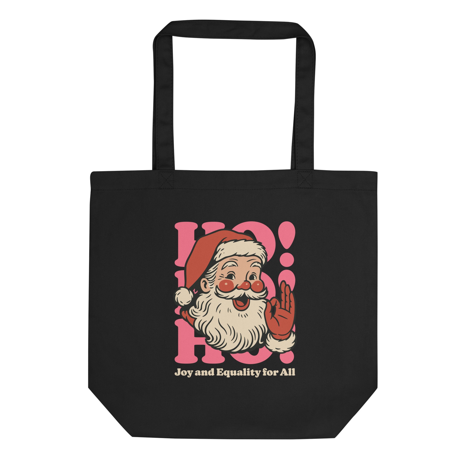 Black eco tote bag featuring a retro Santa illustration with pink shapes and the phrase “Joy and Equality for All,” printed on the front.