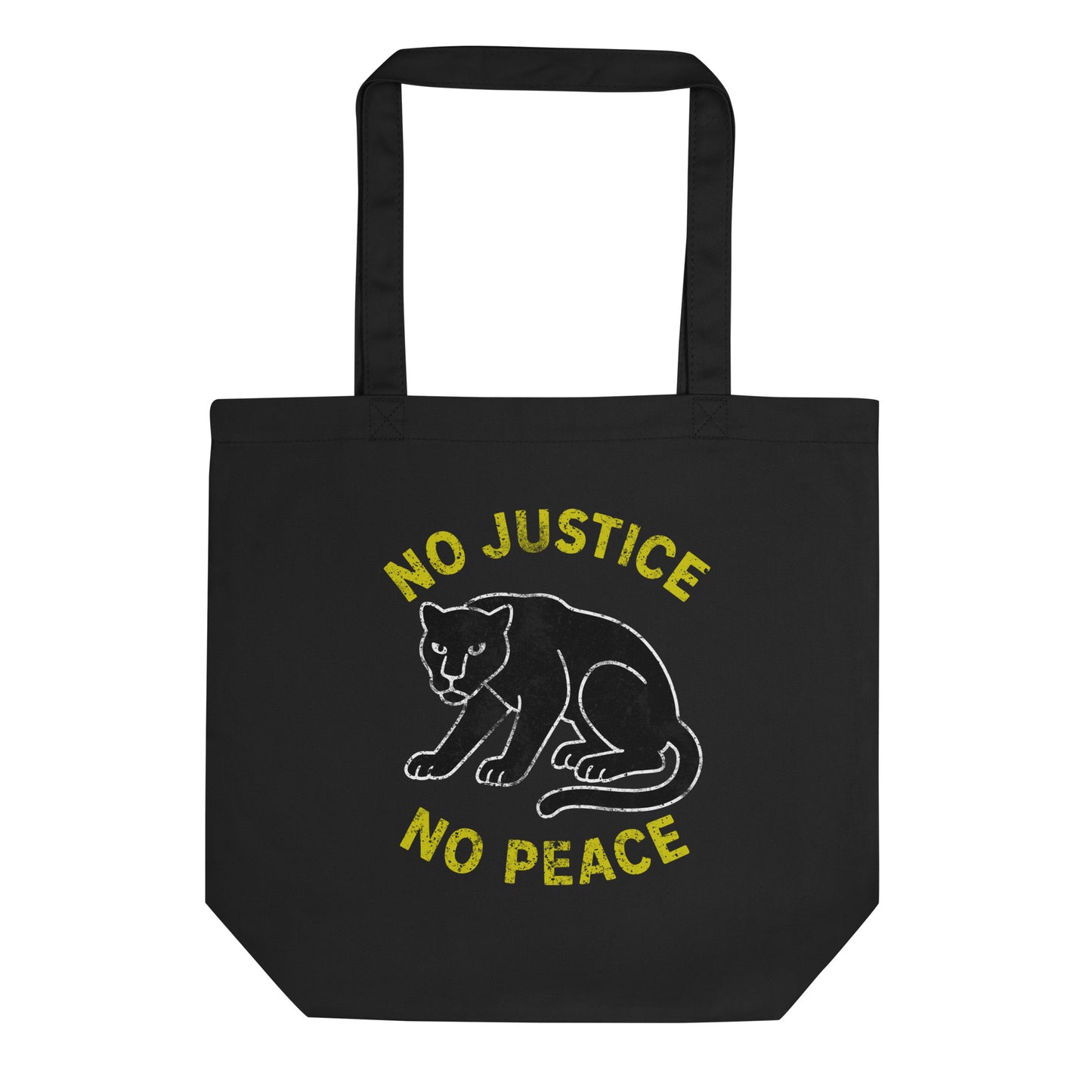 Black eco tote bag featuring a white outlined crouching panther graphic with yellow curved text reading “NO JUSTICE NO PEACE,” presented on plain background for an activist-focused design.