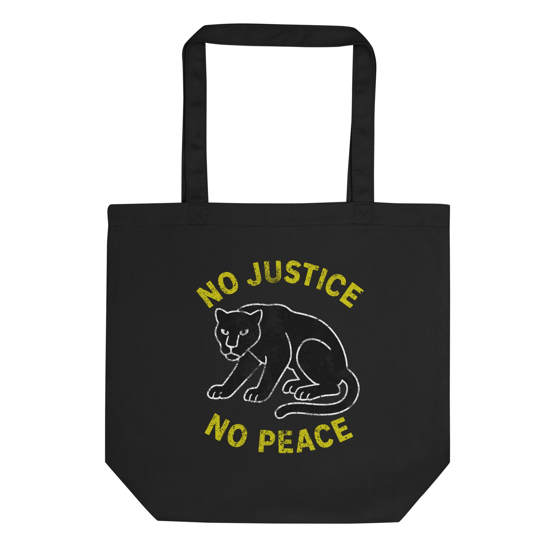 Black eco tote bag featuring a white outlined crouching panther graphic with yellow curved text reading “NO JUSTICE NO PEACE,” presented on plain background for an activist-focused design.