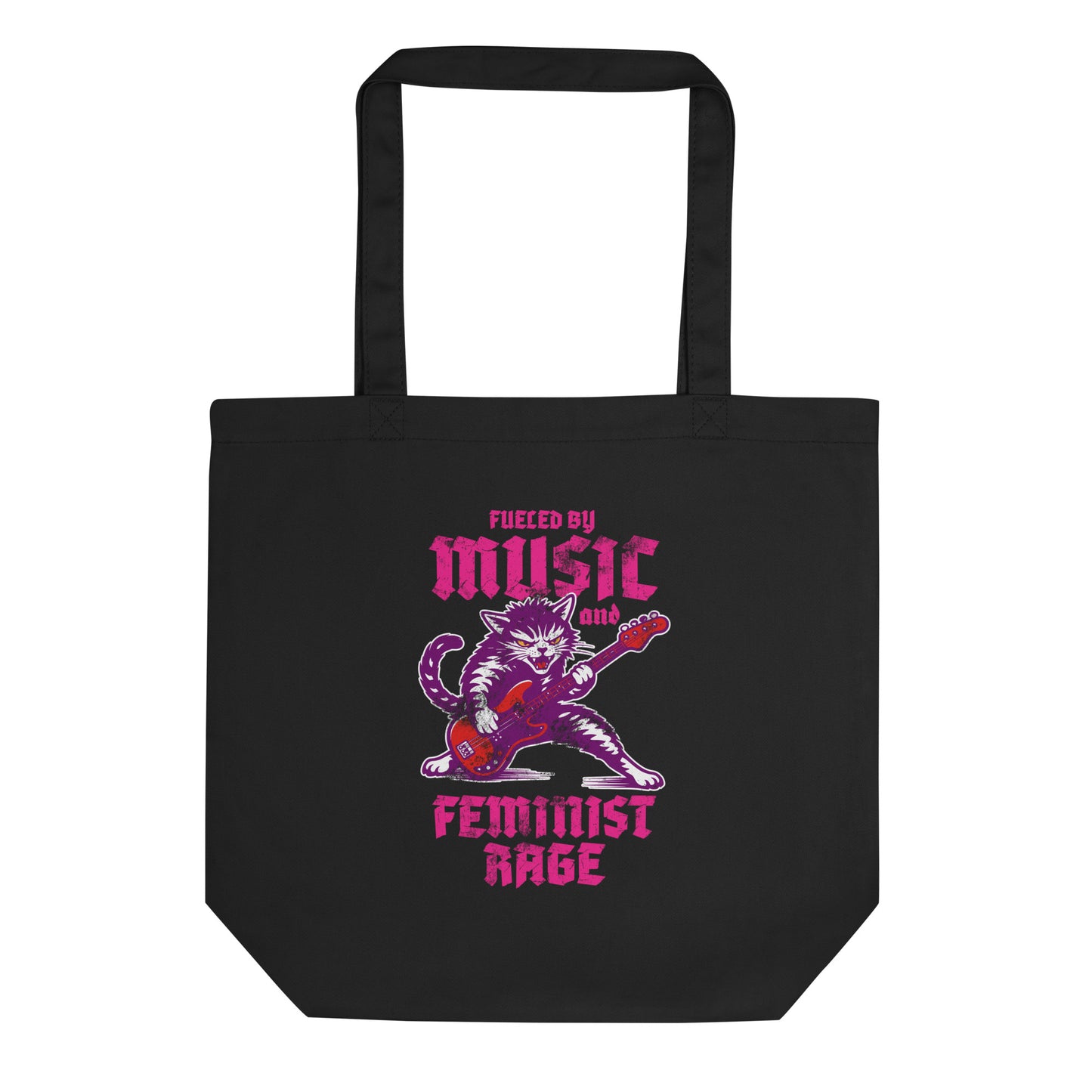 Black eco tote bag featuring a punk rock cat playing electric guitar with bold gothic lettering reading “FUELED BY MUSIC AND FEMINIST RAGE,” vibrant purple and pink graphic centered.