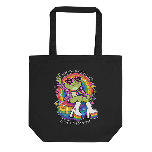 Black eco tote bag featuring a disco frog in platform boots and heart-shaped sunglasses sitting on a rainbow disco ball with colorful LGBTQ+ pride artwork.