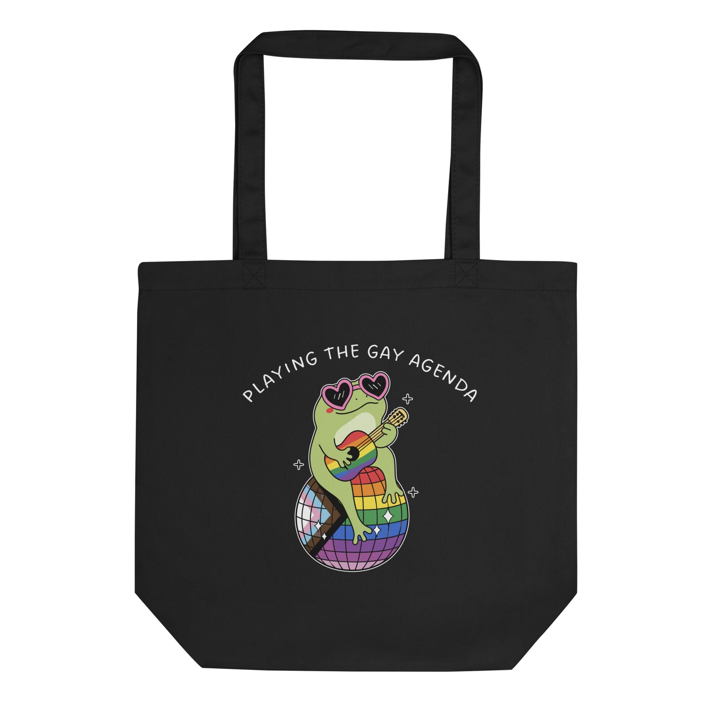 Black eco tote bag featuring a disco frog wearing heart-shaped sunglasses on a rainbow disco ball with playful “Playing the Gay Agenda” LGBTQ+ pride artwork.