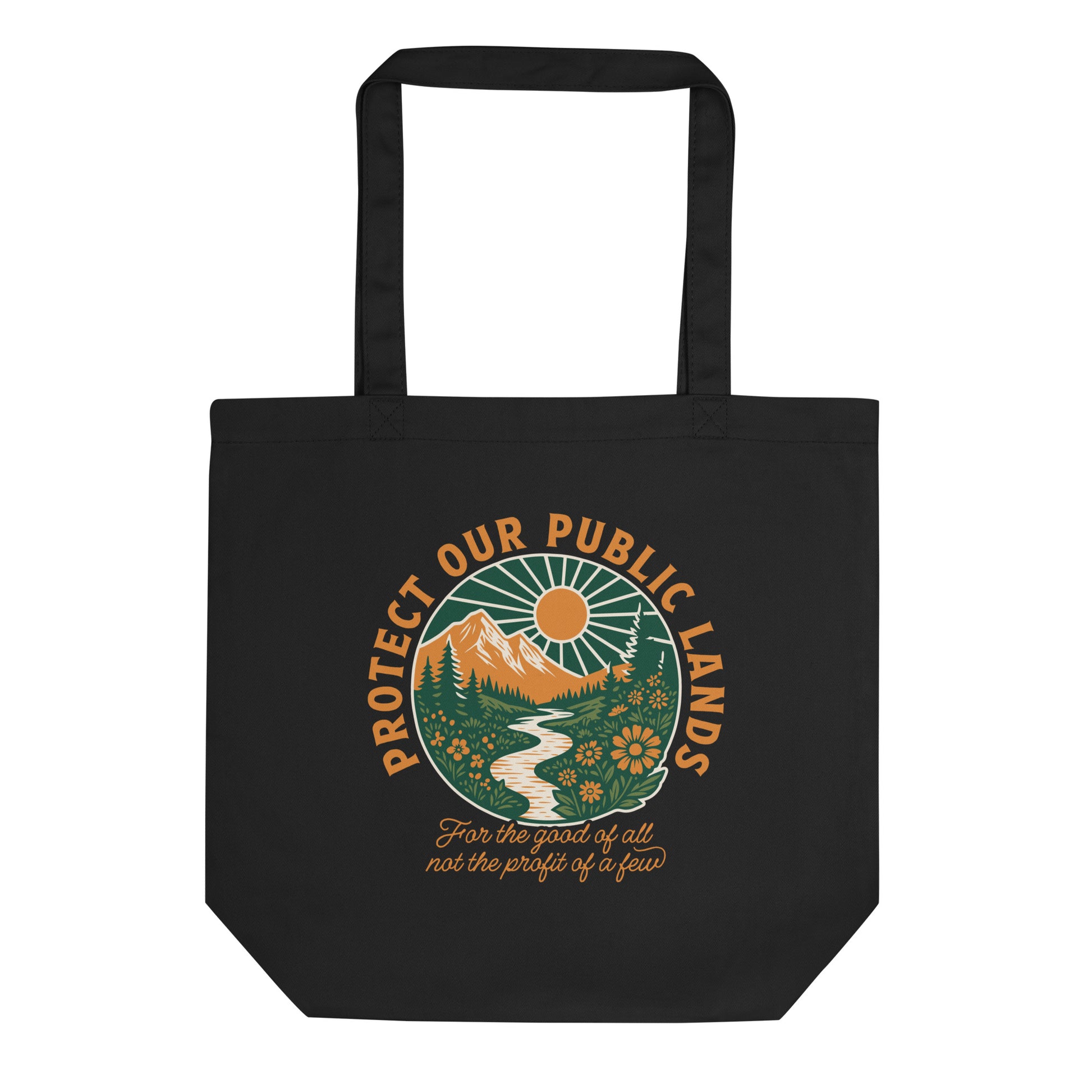 Black eco tote bag featuring a vintage-inspired mountain landscape, river, forest, and wildlife design with the message “Protect Our Public Lands.”