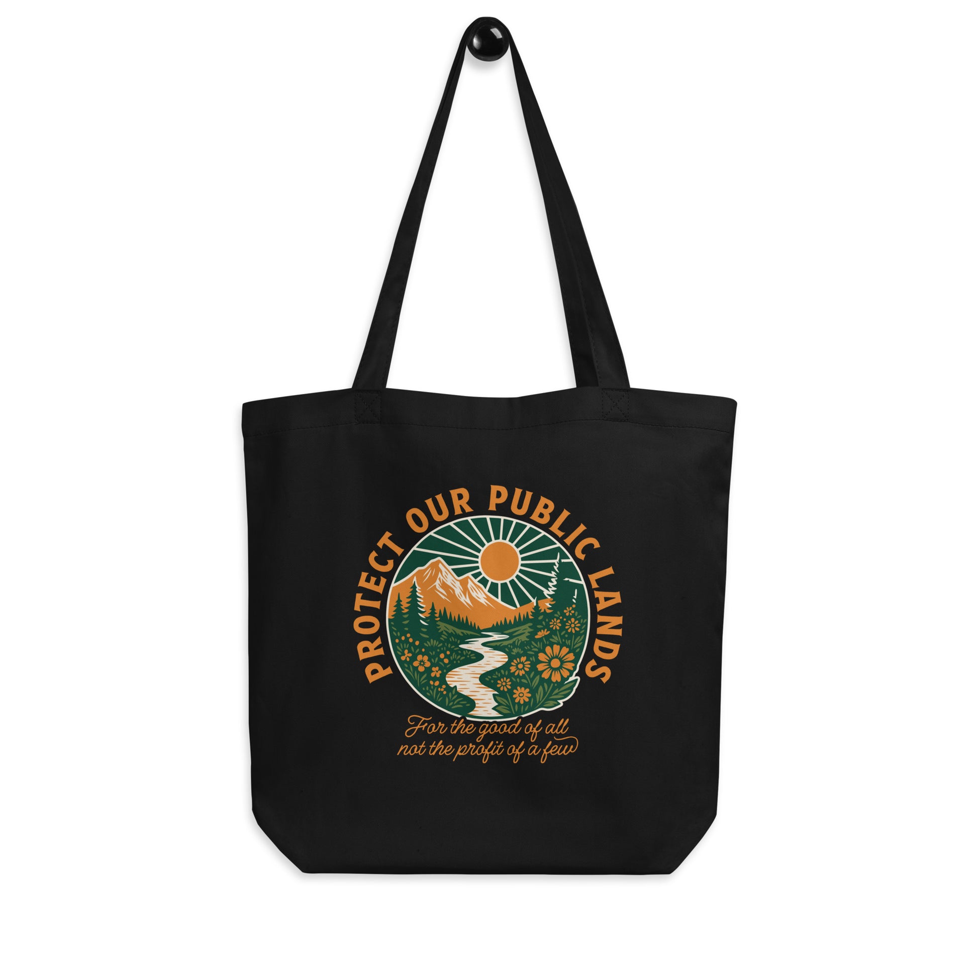 Black reusable tote bag displaying retro outdoor artwork celebrating conservation, public lands protection, and access to America’s natural spaces.