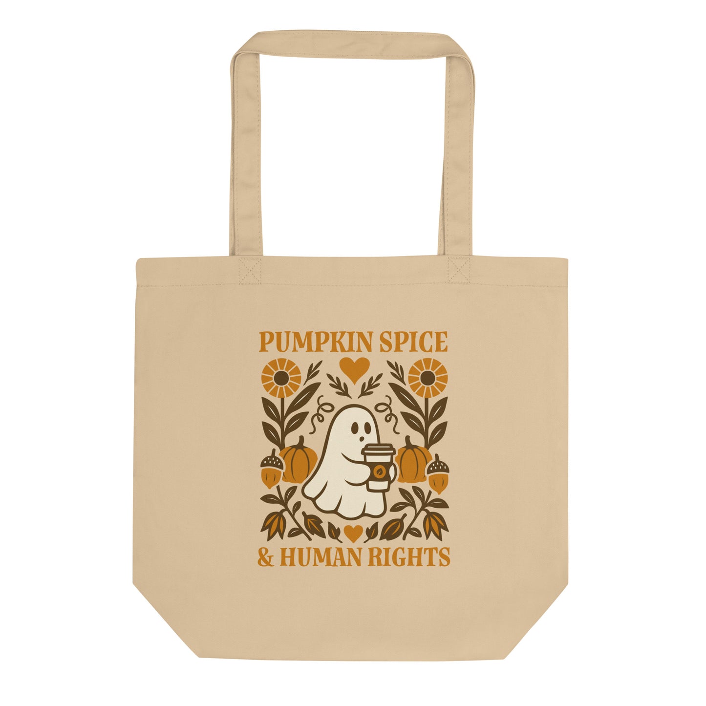 Beige eco tote bag with “Pumpkin Spice & Human Rights” ghost and pumpkin design, cozy feminist autumn accessory.