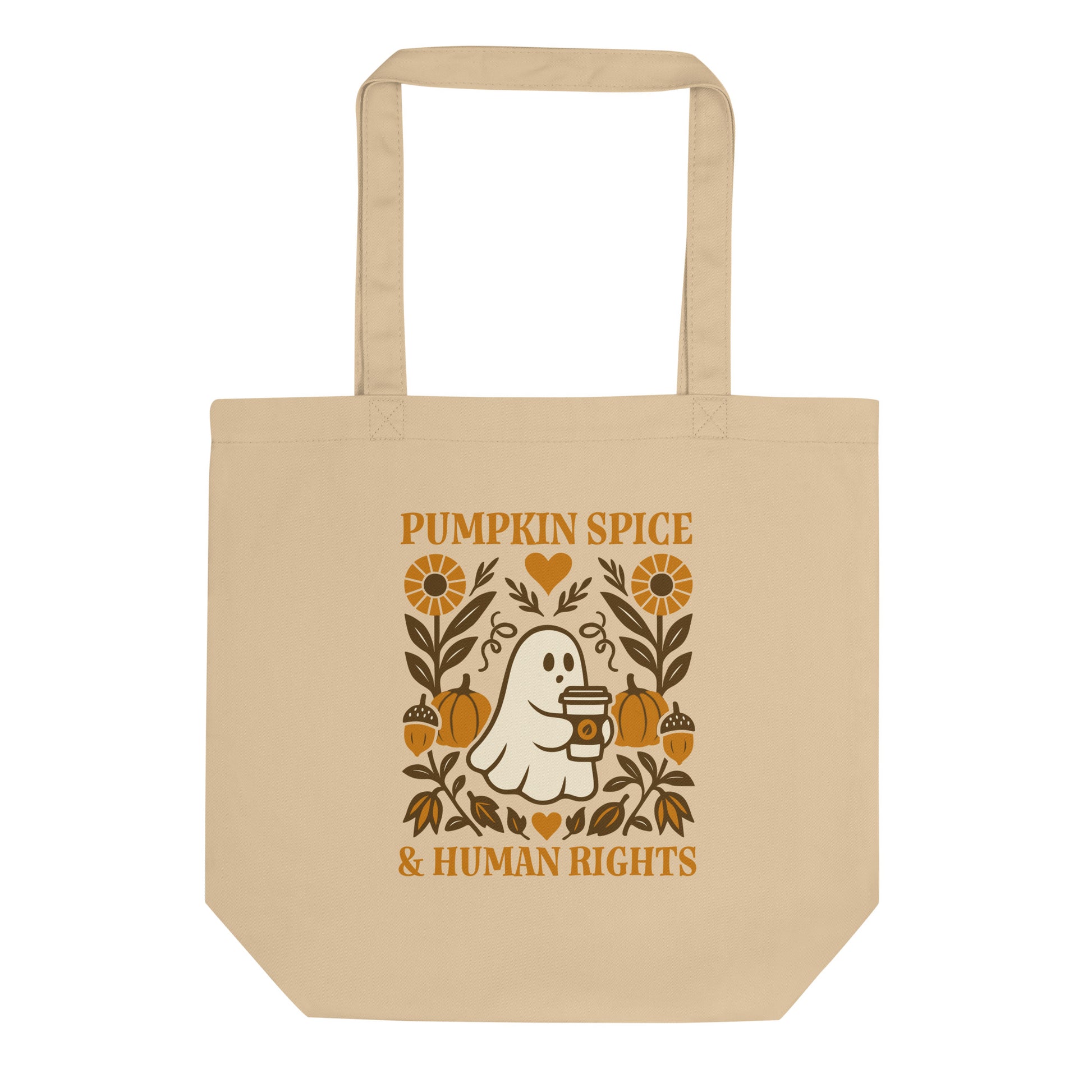 Beige eco tote bag with “Pumpkin Spice & Human Rights” ghost and pumpkin design, cozy feminist autumn accessory.