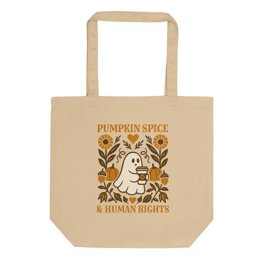 Beige eco tote bag with “Pumpkin Spice & Human Rights” ghost and pumpkin design, cozy feminist autumn accessory.