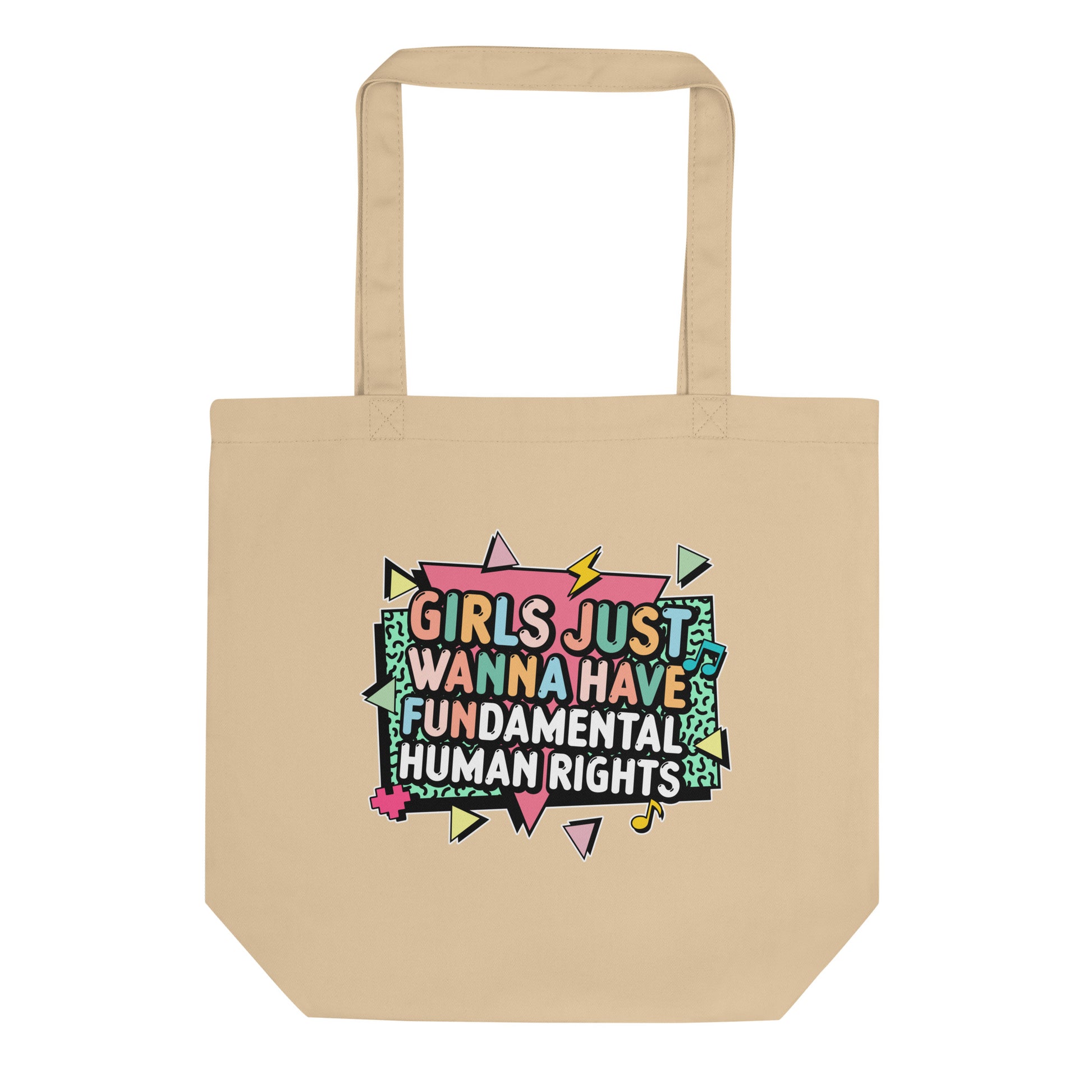 Natural eco tote with bold pastel print reading “Girls Just Wanna Have Fundamental Human Rights,” framed by lightning bolts and triangles. Fun feminist carryall for everyday use.